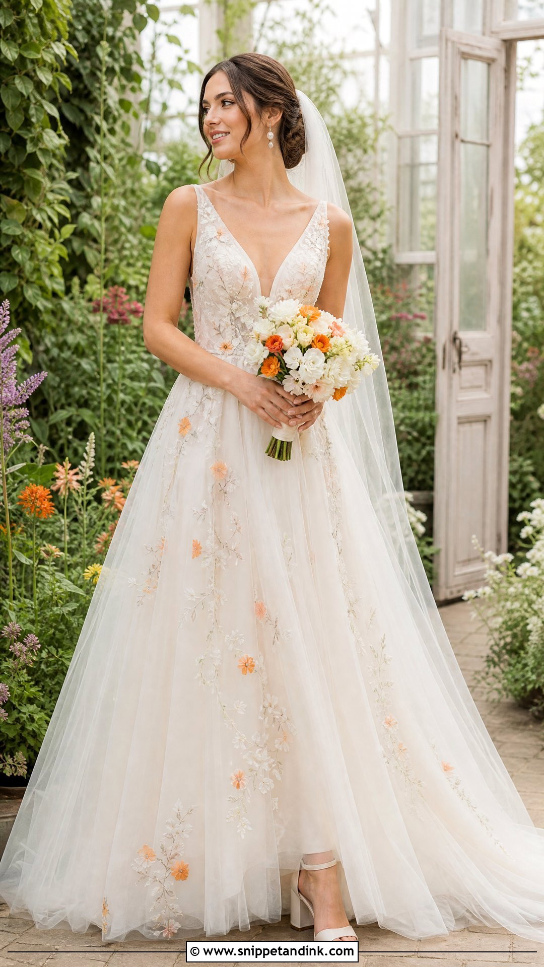 Floral Orange Bridal Gown With Ivory Shoes - Snippet and Ink - 20 Orange Bridal Dress Ideas