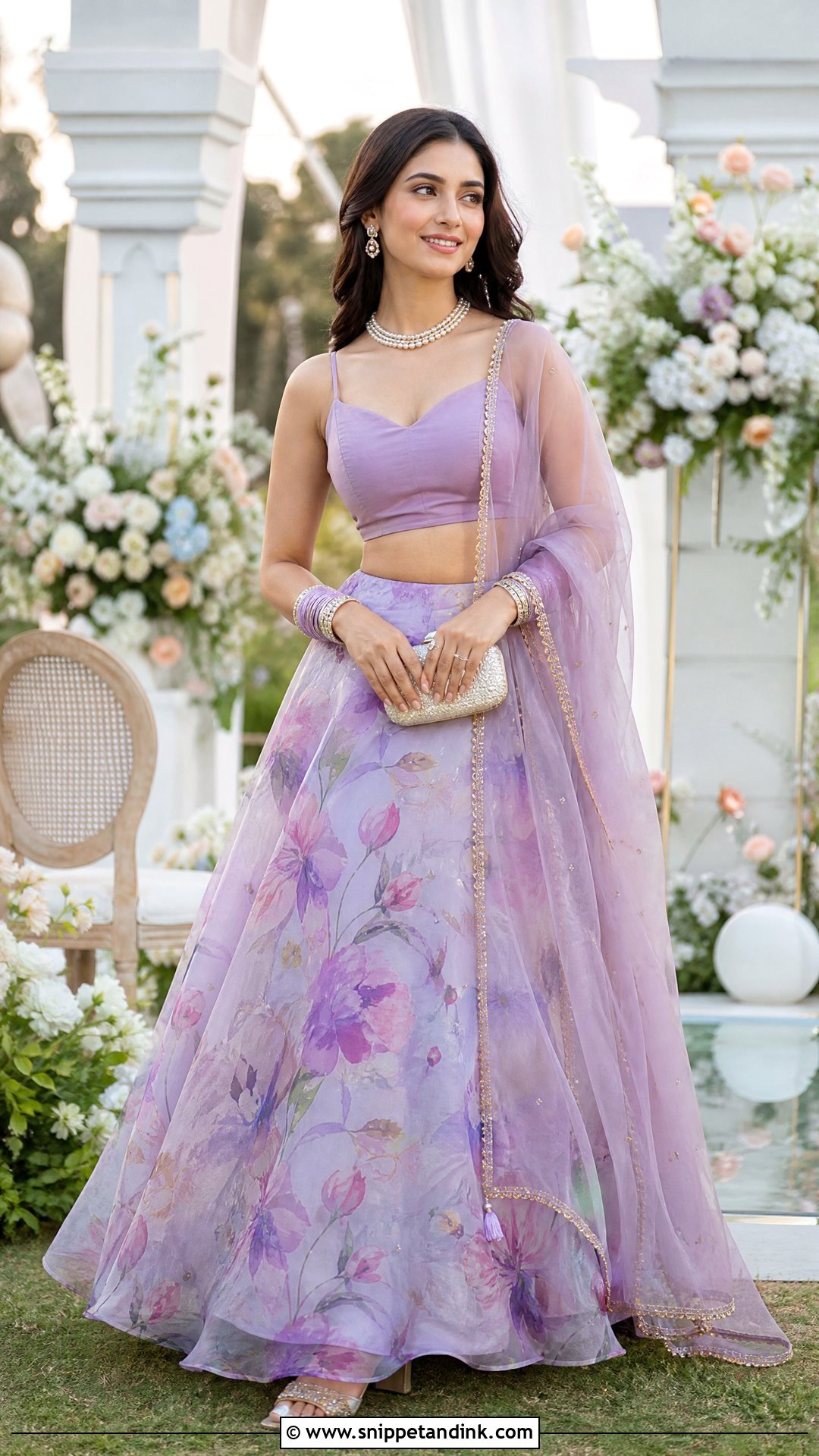 Floral Organza Lehenga Ring Ceremony Outfit - Snippet and Ink - 20 Ring Ceremony Outfit for Bride Ideas