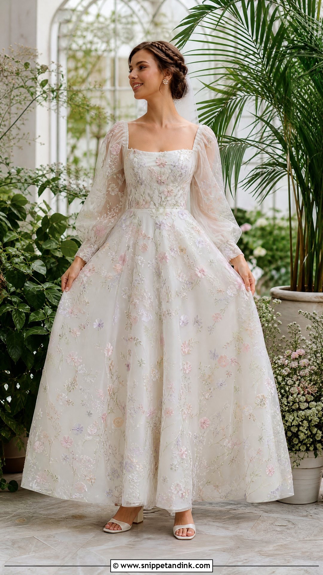 Floral Organza Poofy Sleeve Wedding Dress - Snippet and Ink - 20 Poofy Sleeve Wedding Dress Ideas
