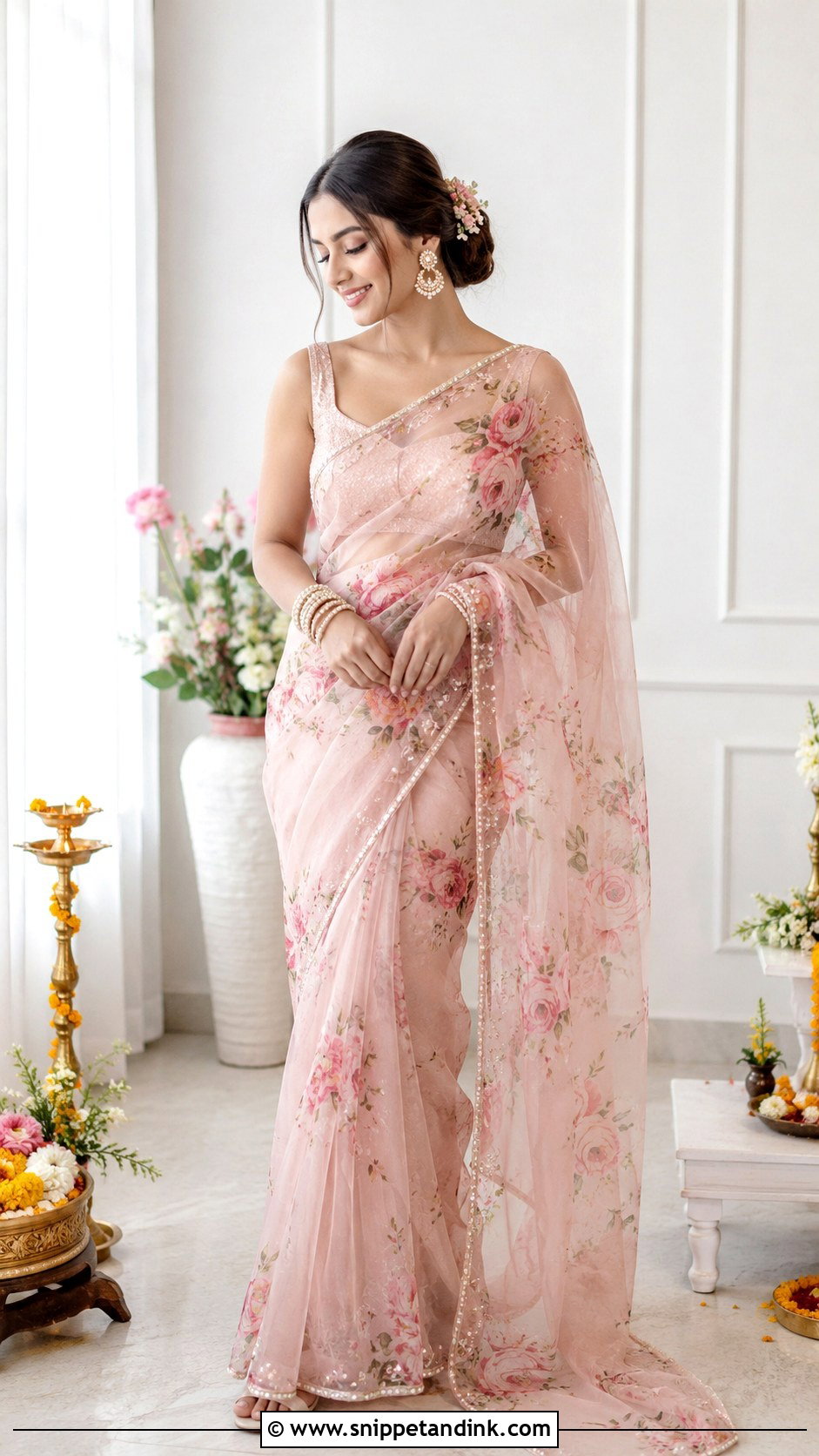 Floral Organza Saree For Mata Pujan Bride - Snippet and Ink - 25 Mata Pujan Dress for Bride Ideas