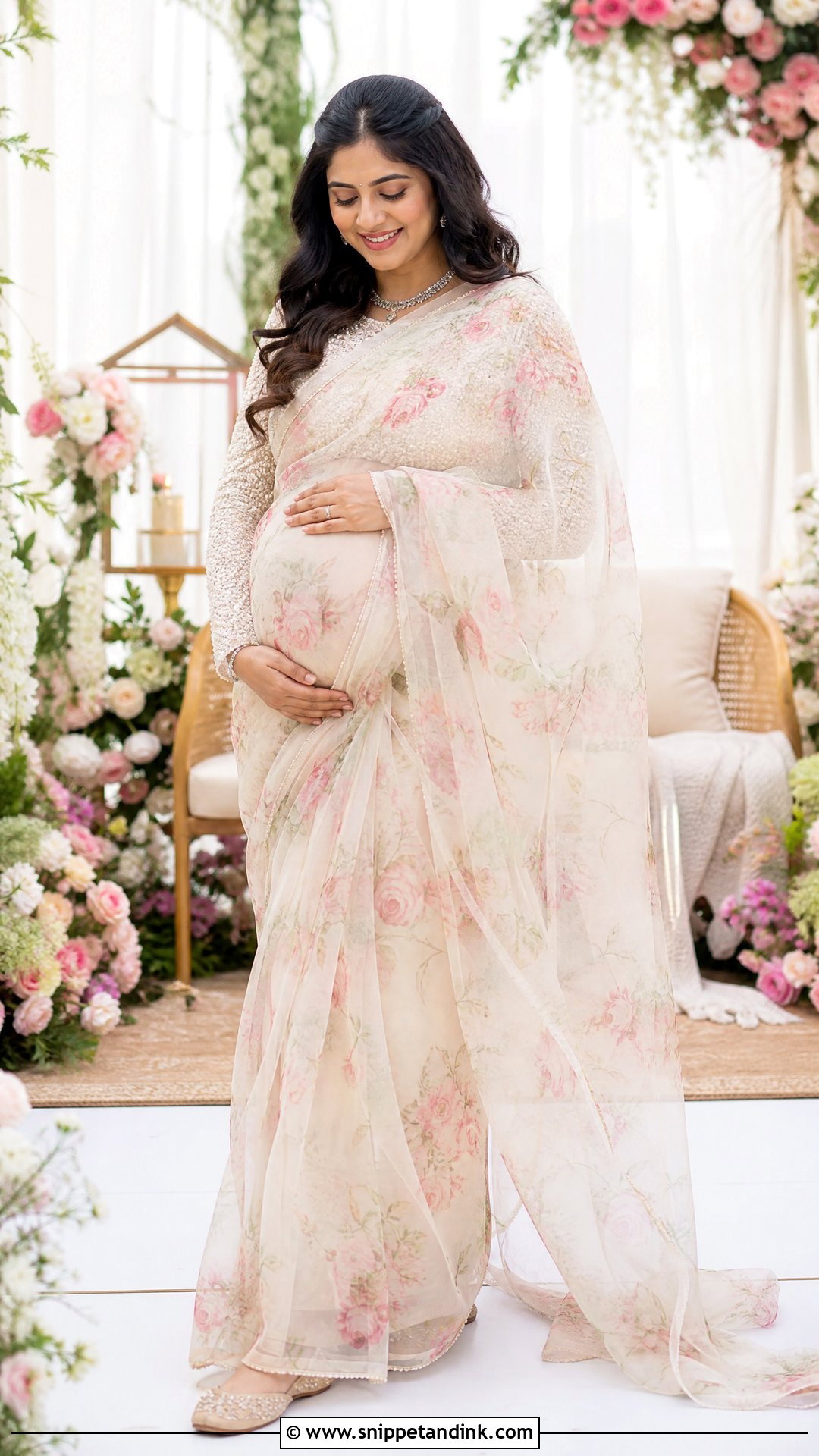 Floral Organza Saree Godbharai Look - Snippet and Ink - 25 Godbharai Look Ideas