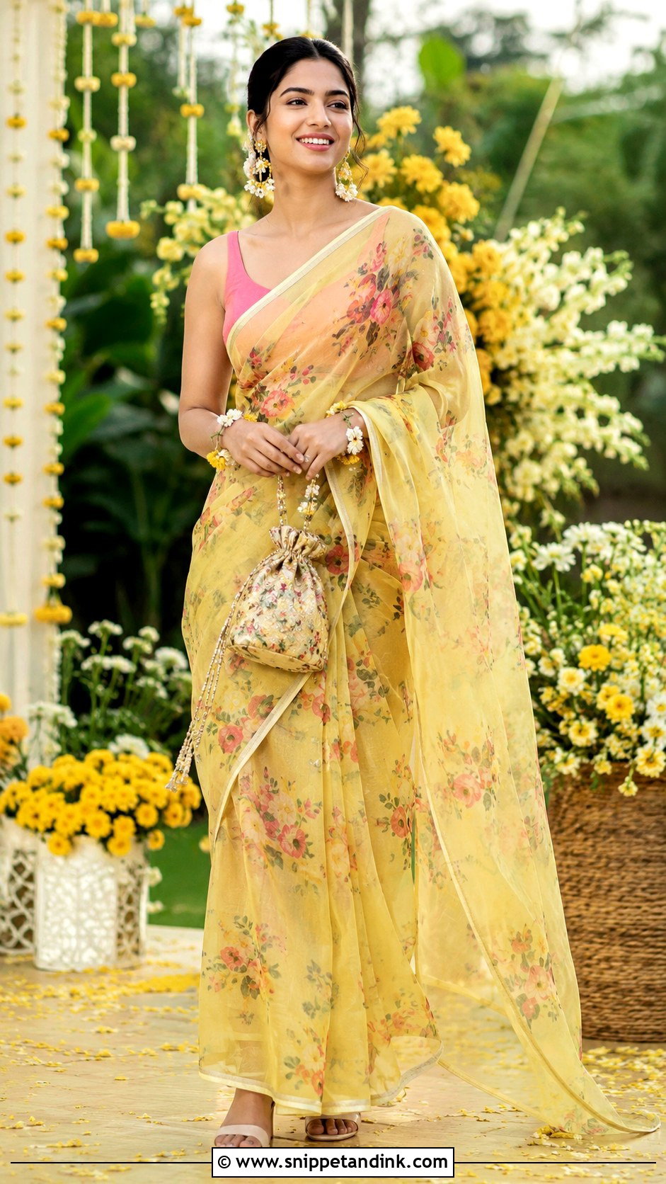 Floral Organza Saree Haldi Outfit - Snippet and Ink - 20 Haldi Rasam Dress Ideas