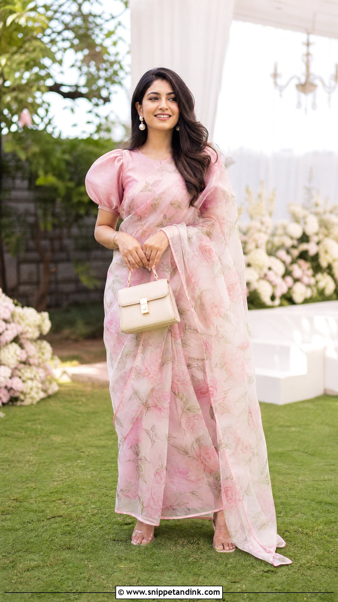 Floral Organza Saree With Puff Sleeve Blouse - Snippet and Ink - 20 New Sadi Designs 2023