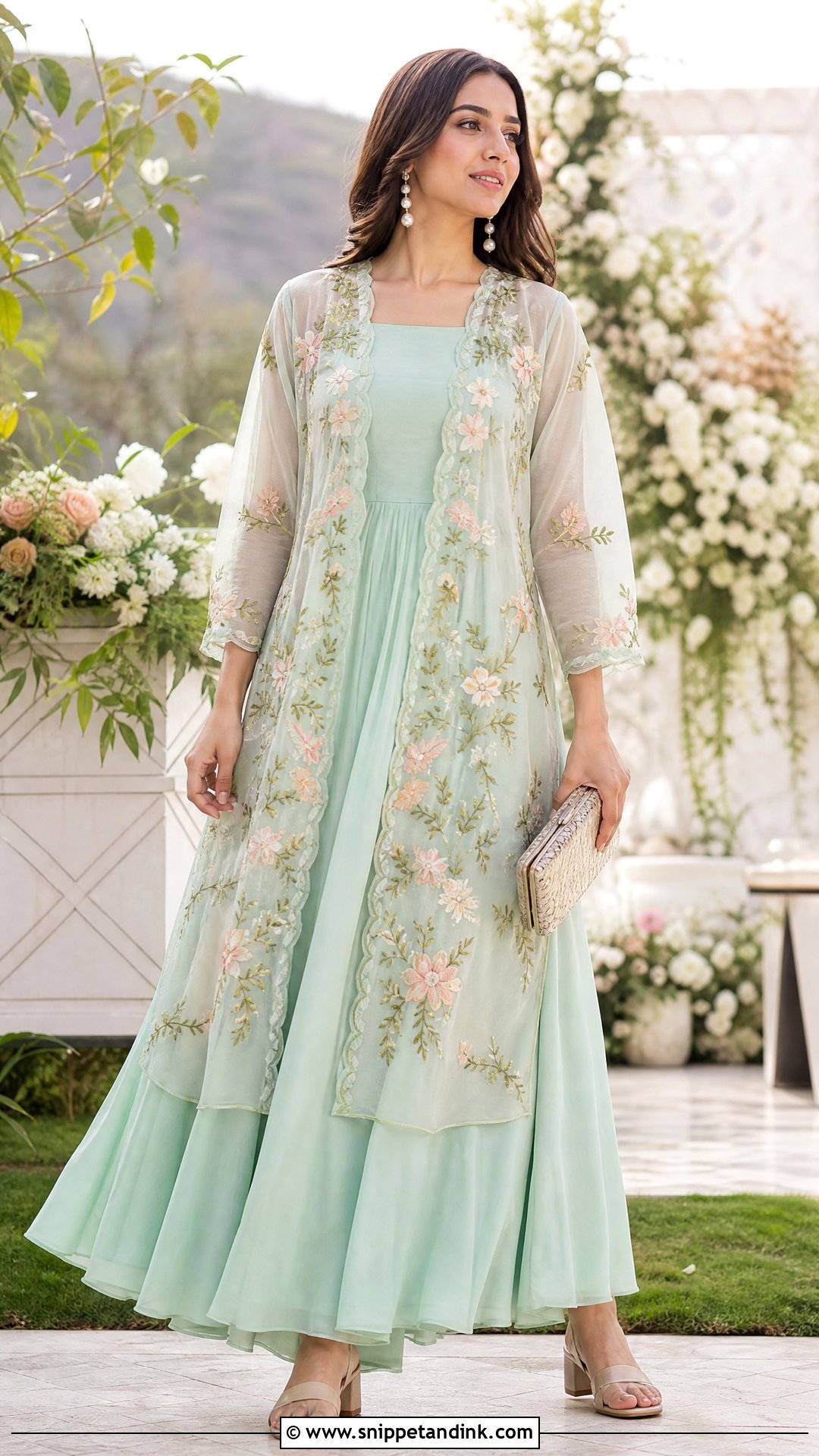 Floral Organza Shrug With Pastel Maxi Dress - Snippet and Ink - 20 Shrugs for Dresses Indian Wedding