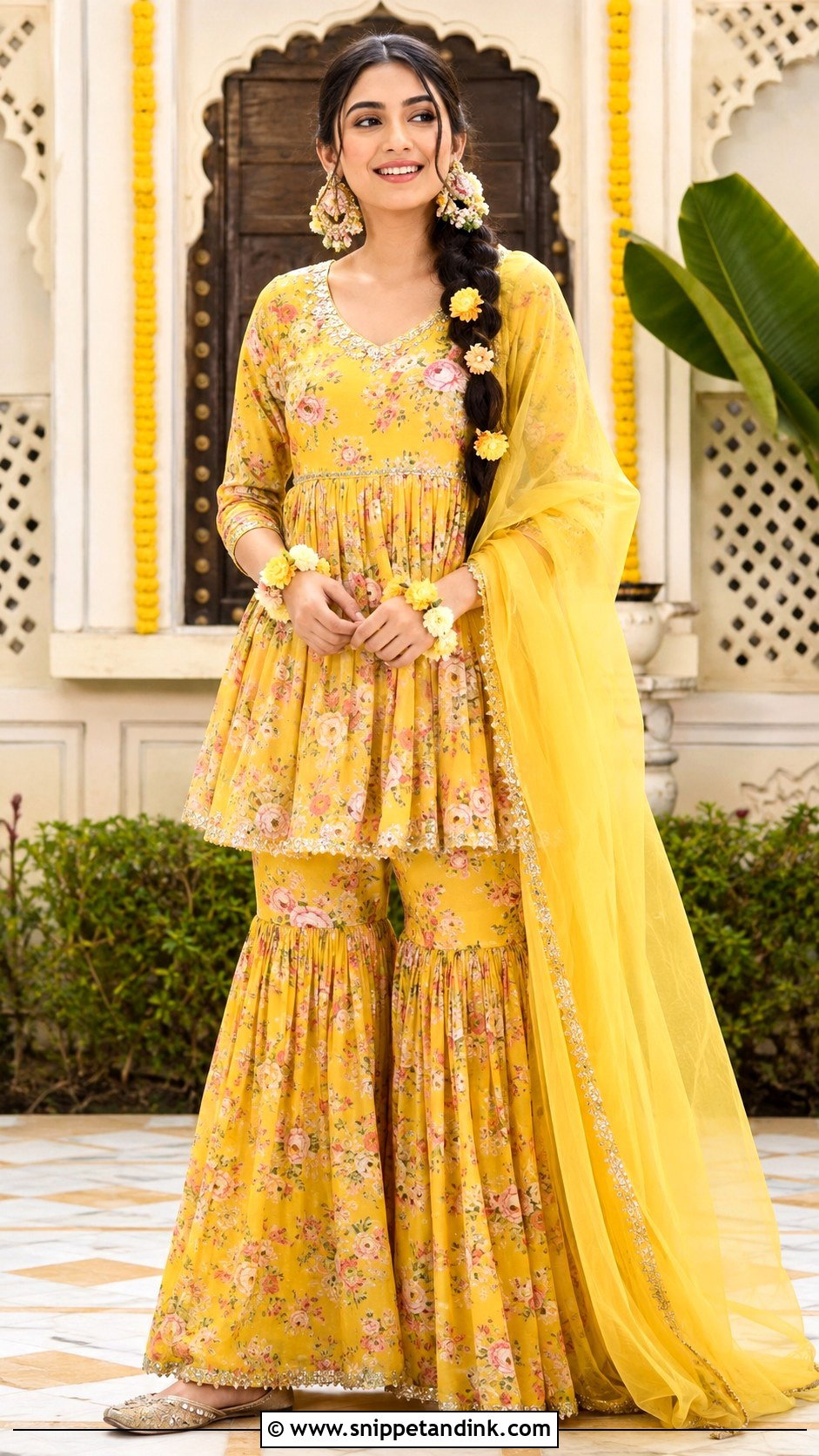 Floral Peplum Sharara Haldi Outfit - Snippet and Ink - 20 Floral Haldi Outfit Ideas