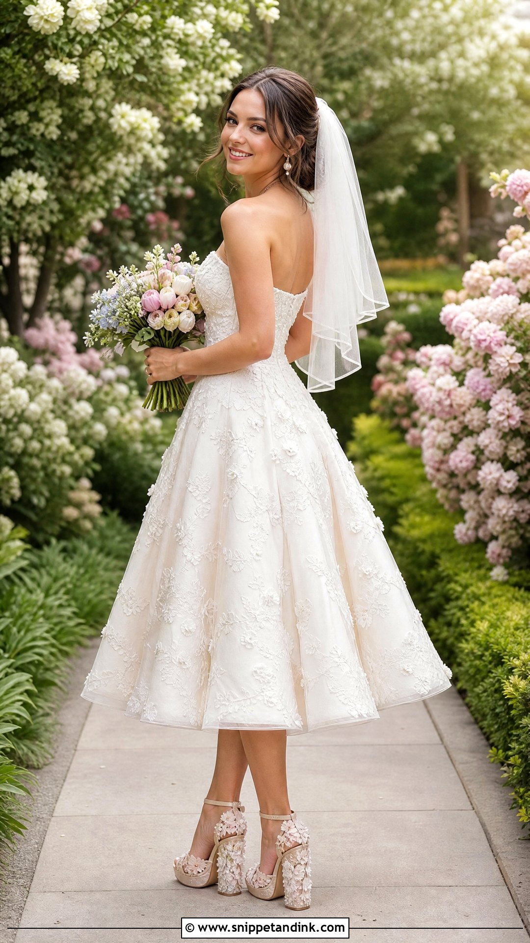 Floral Platform Wedding Heels With Tea Length Dress - Snippet and Ink - 20 Platform Wedding Heels Ideas
