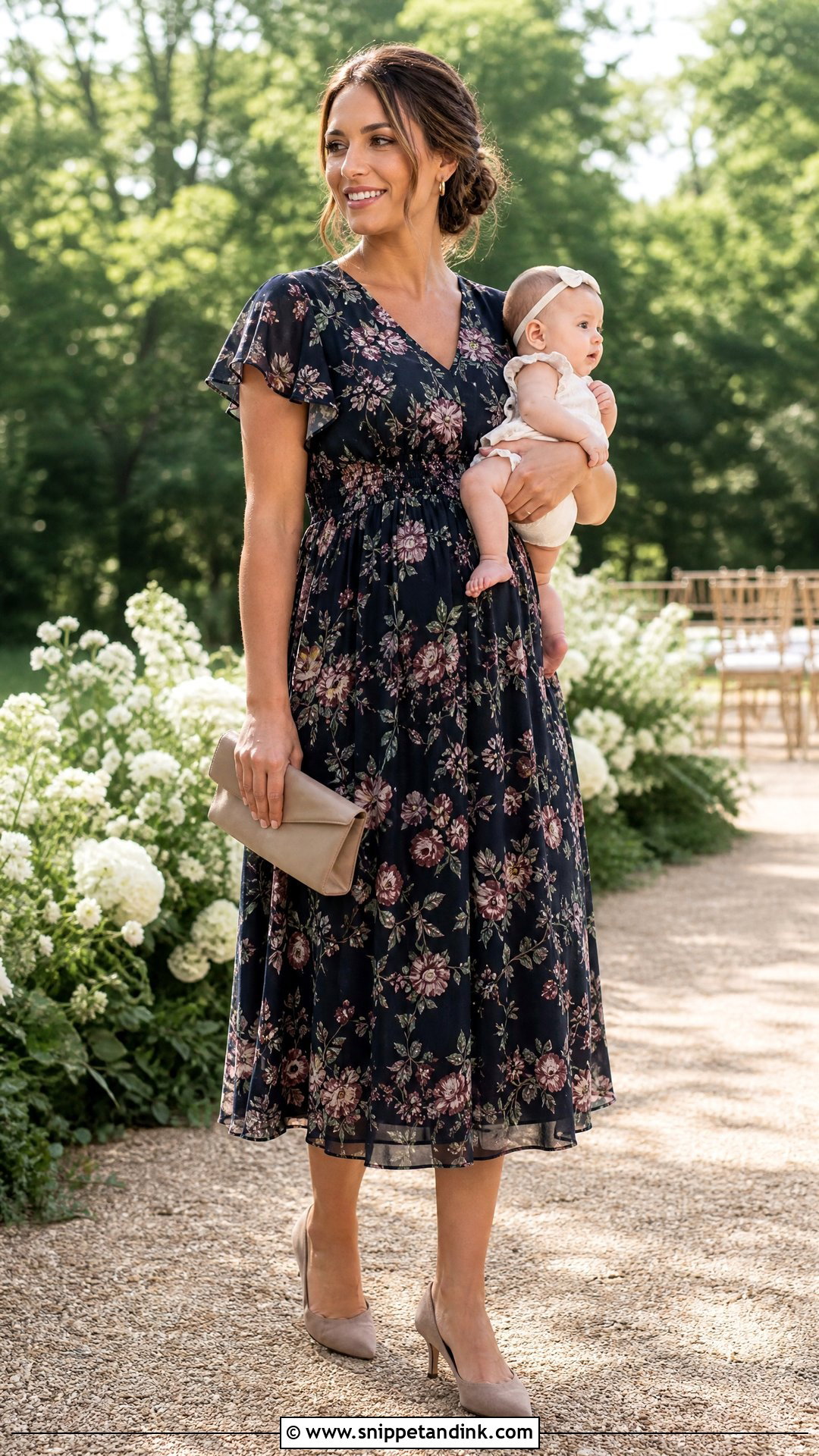 Floral Postpartum Wedding Guest Dress With Low Heels - Snippet and Ink - 20 Postpartum Dresses for Wedding
