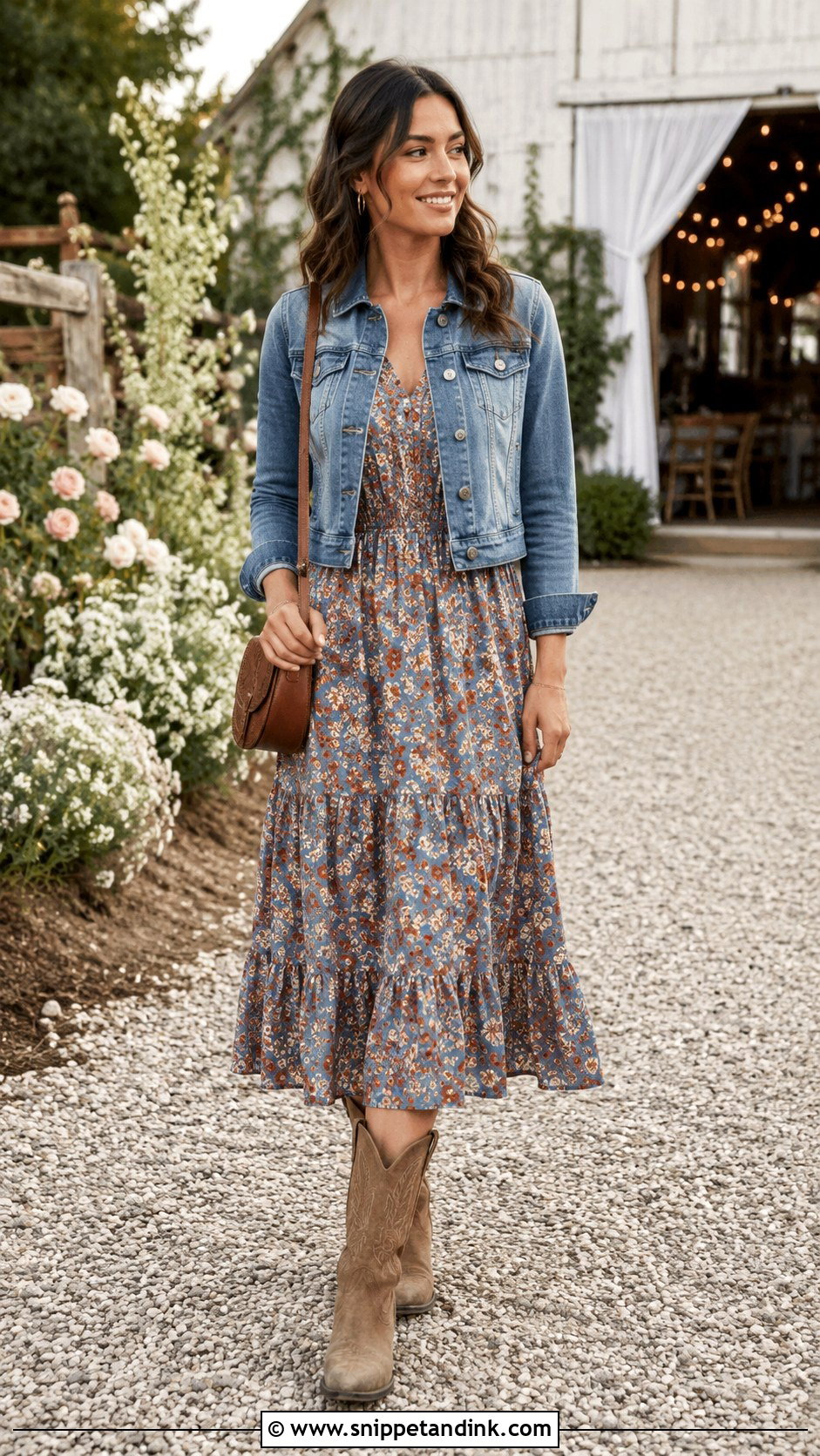 Floral Prairie Midi Dress With Tan Cowboy Boots - Snippet and Ink - 20 Western Rehearsal Dinner Outfit Ideas