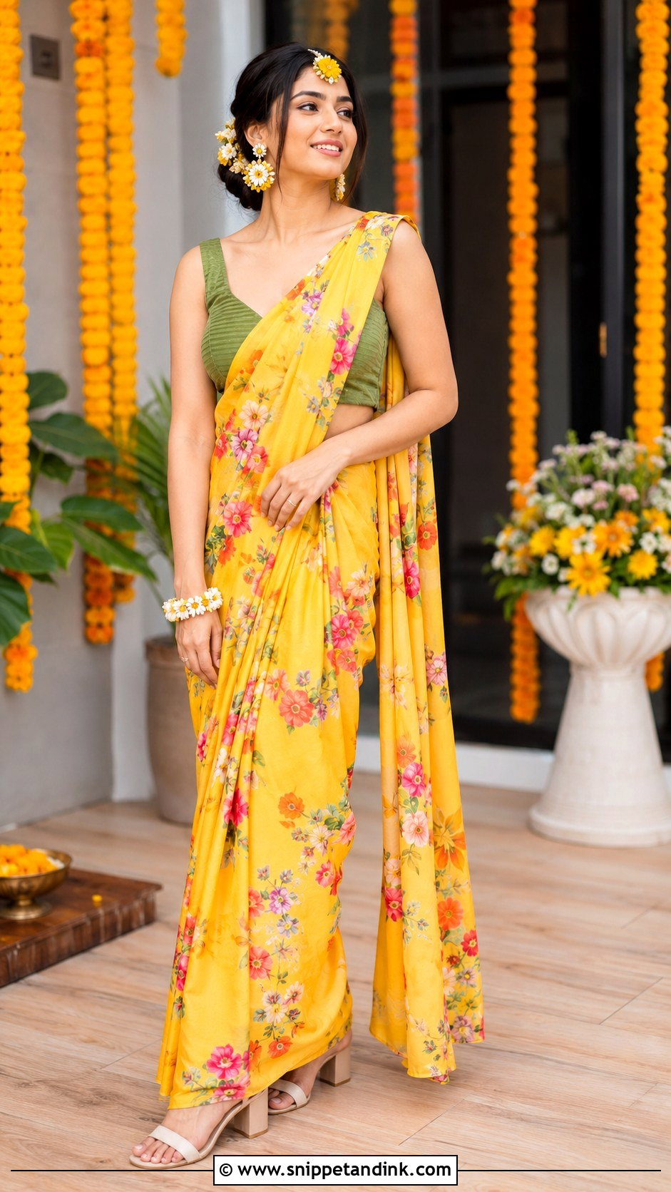 Floral Pre Draped Saree Haldi Outfit - Snippet and Ink - 20 Floral Haldi Outfit Ideas