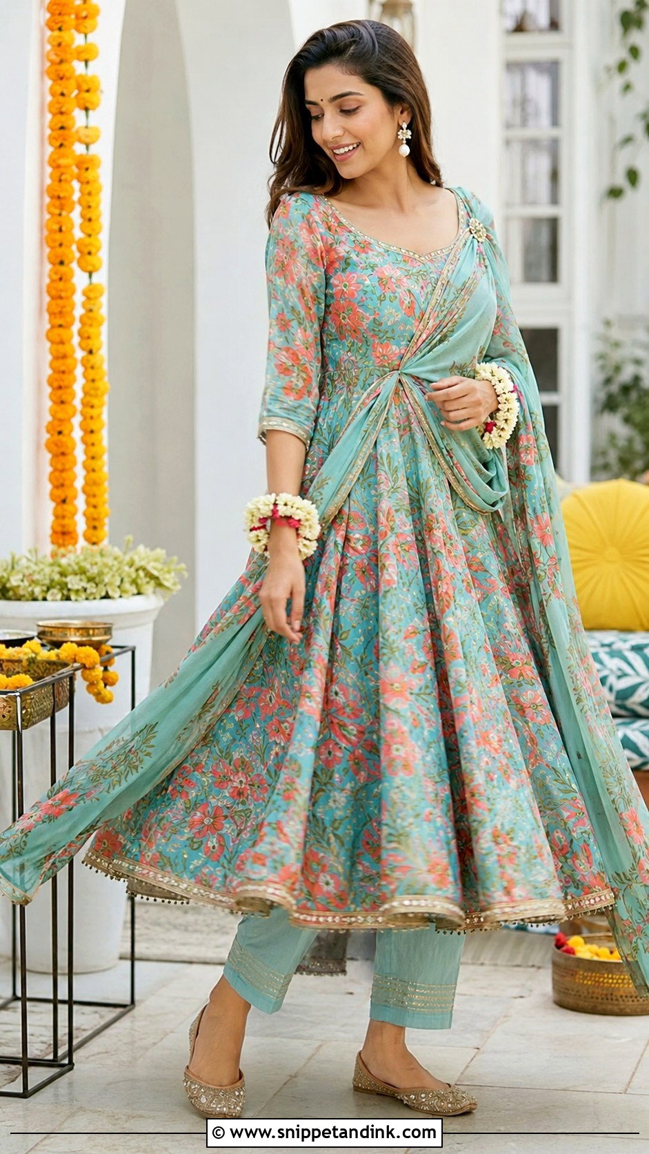 Floral Print Anarkali For Mehndi - Snippet and Ink - 20 Indian Pre Wedding Dress Ideas