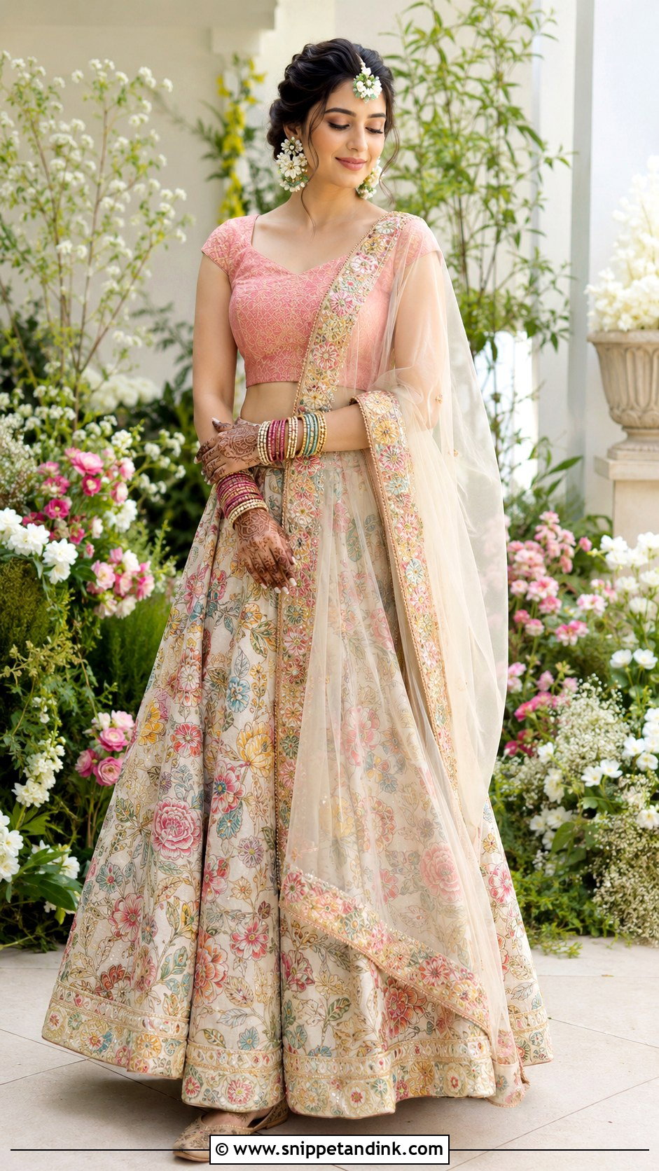 Floral Print Bride Mehandi Lehenga - Snippet and Ink - 20 Bride Mehandi Outfit Ideas