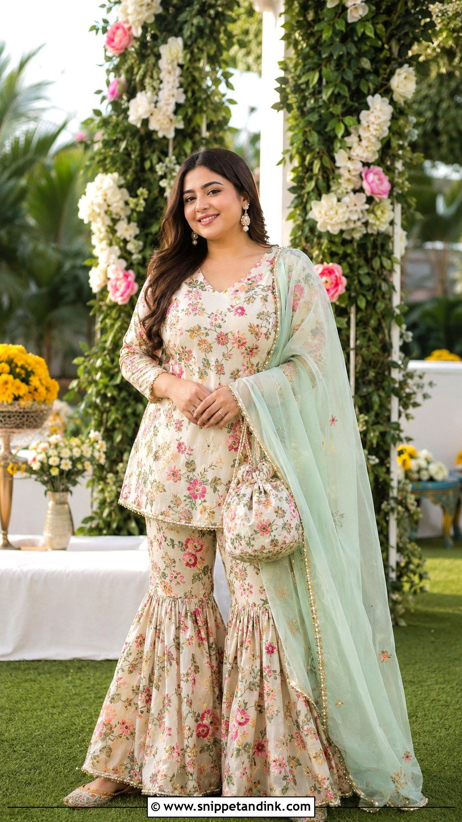 Floral Print Gharara Mehndi Dress - Snippet and Ink - 20 Mehndi Wedding Dress Ideas