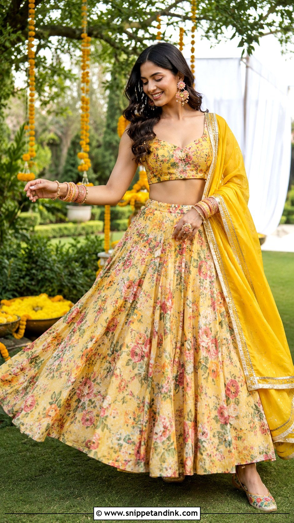 Floral Print Haldi Lehenga - Snippet and Ink - 20 Indian Bride Haldi Outfit Ideas