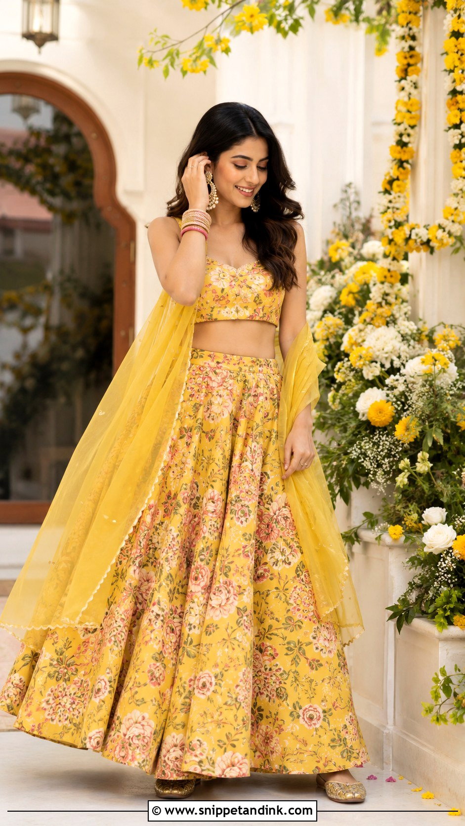 Floral Print Haldi Lehenga - Snippet and Ink - 20 Haldi Night Outfit Ideas