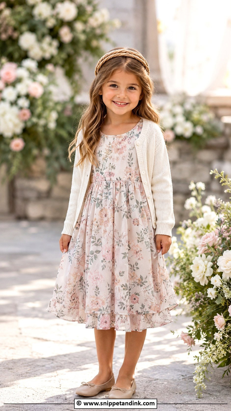 Floral Print Kids Wedding Dress With Neutral Shoes - Snippet and Ink - 25 Wedding Dress for Kids Ideas