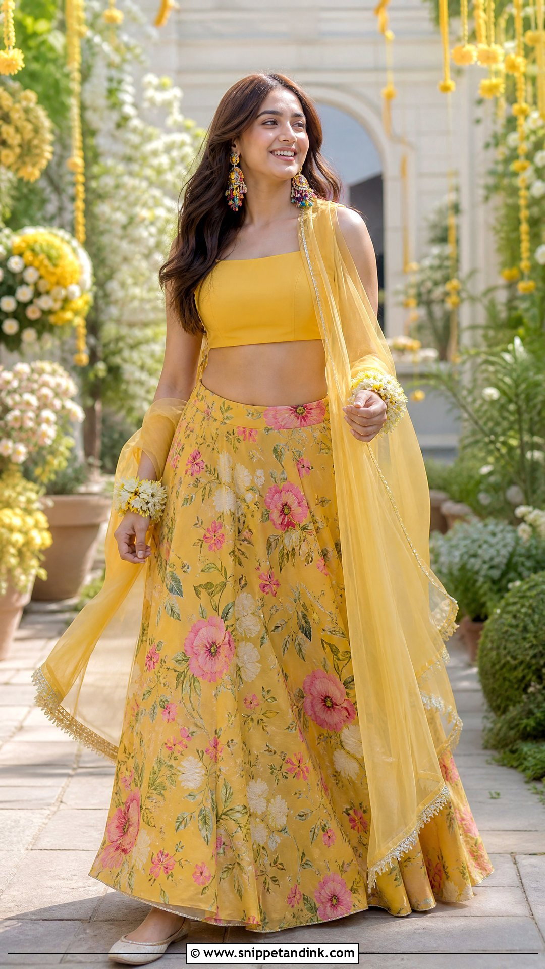 Floral Print Lehenga Haldi Outfit - Snippet and Ink - 20 Women Haldi Outfit Ideas