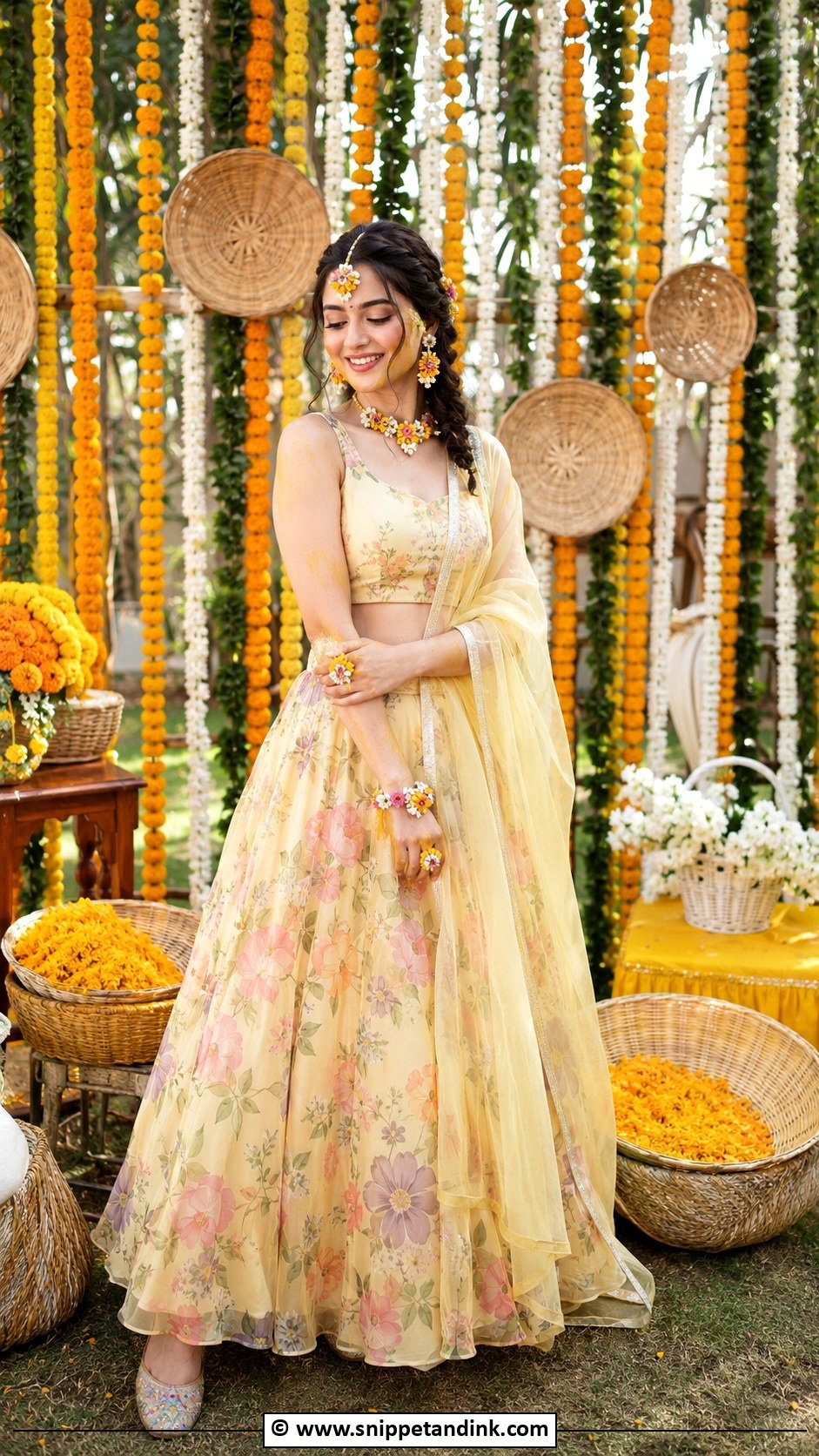 Floral Print Lehenga Haldi Outfit For Bride - Snippet and Ink - 30 Haldi Outfit Ideas for Bride
