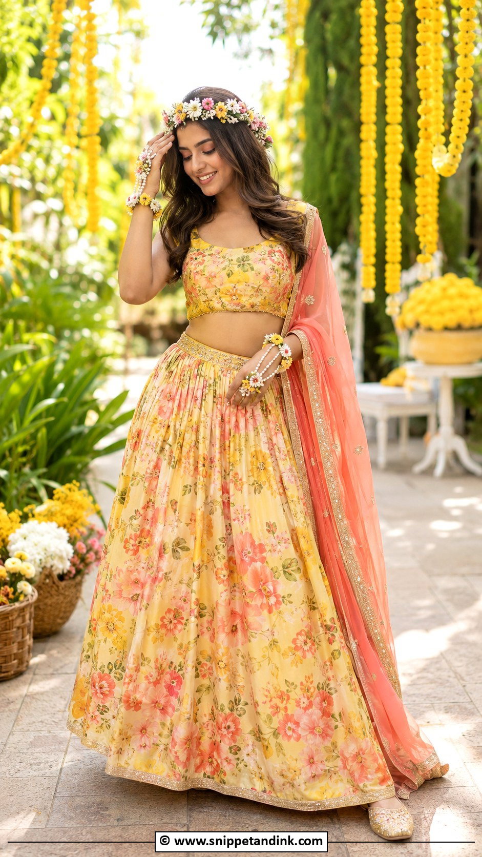 Floral Print Lehenga Haldi Outfit - Snippet and Ink - 30 Unique Haldi Ceremony Outfit for Bride Ideas