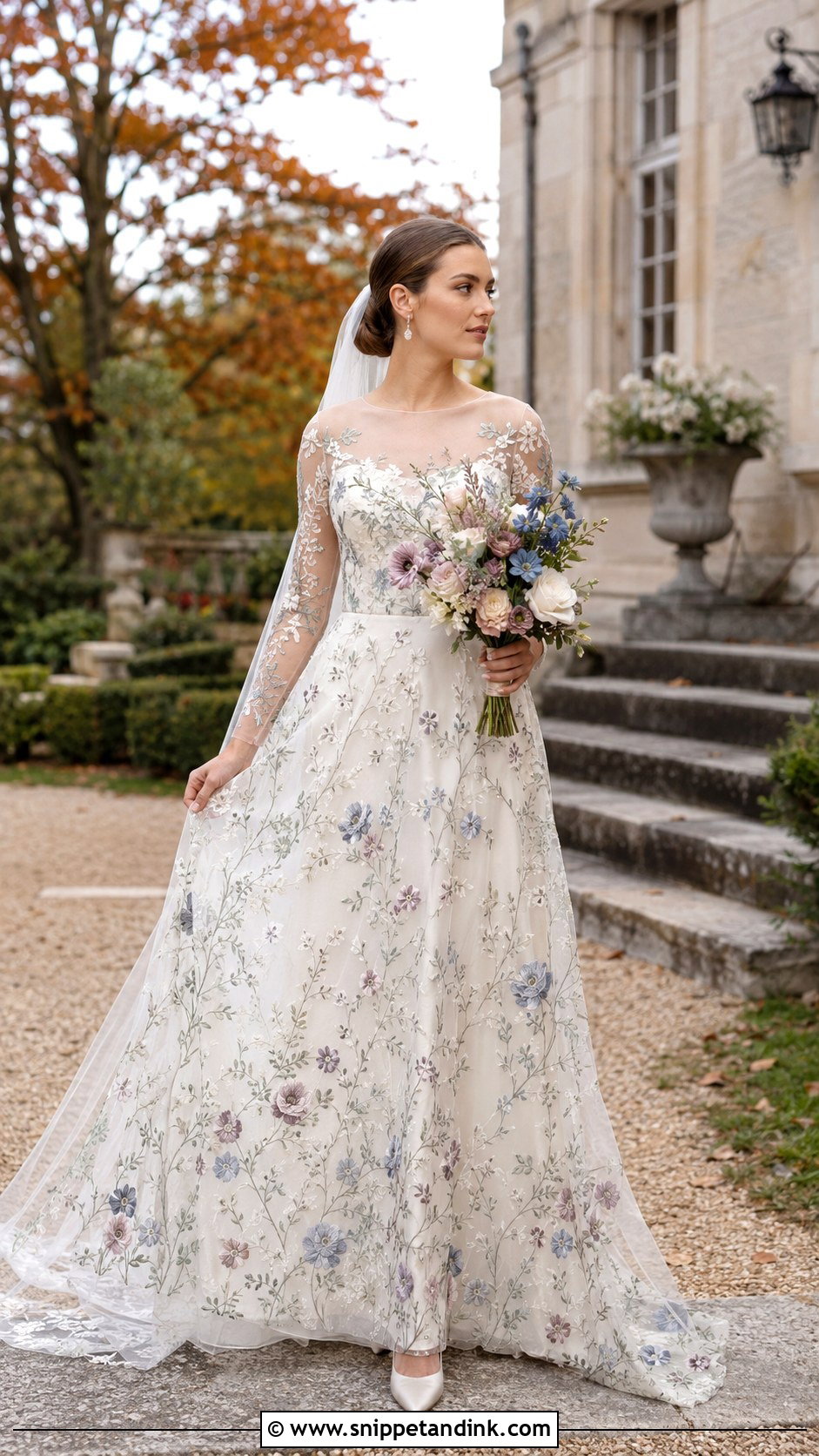 Floral Print Long Sleeve Wedding Dress - Snippet and Ink - 20 Floral Print Wedding Dress Ideas