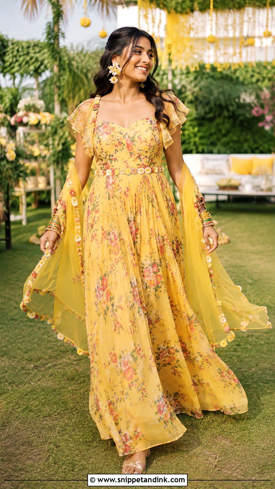 Floral Print Maxi Dress Haldi Outfit - Snippet and Ink - 20 Bride Haldi Dress Ideas