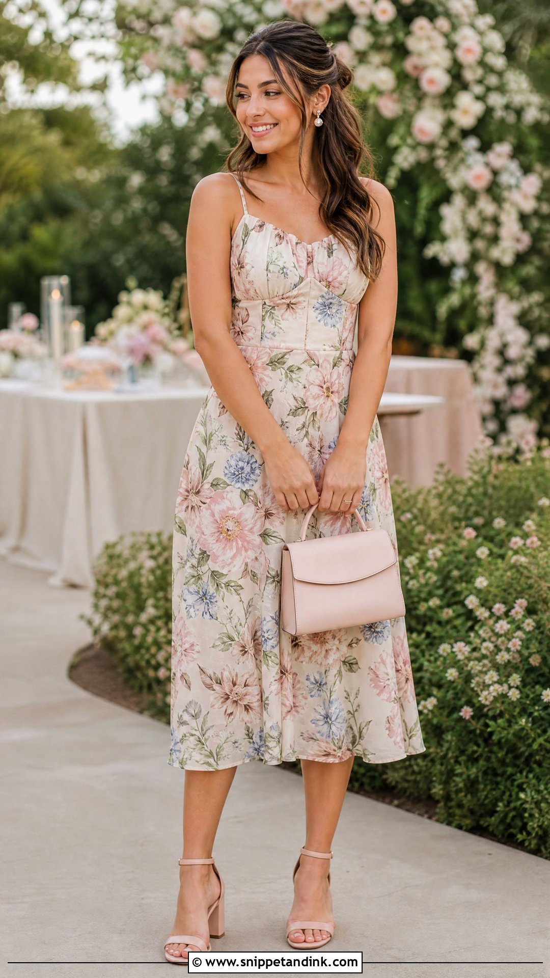 Floral Print Midi Bridesmaid Outfit - Snippet and Ink - 20 Spring Wedding Party Attire Ideas