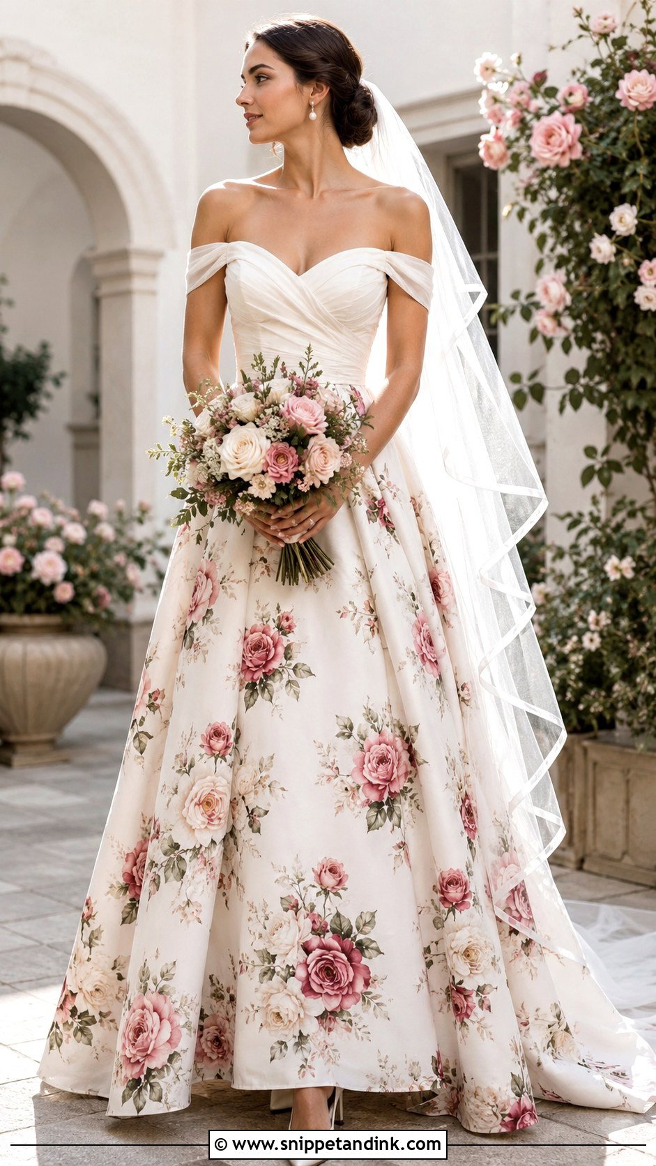 Floral Print Off the Shoulder Wedding Dress - Snippet and Ink - 20 Floral Print Wedding Dress Ideas