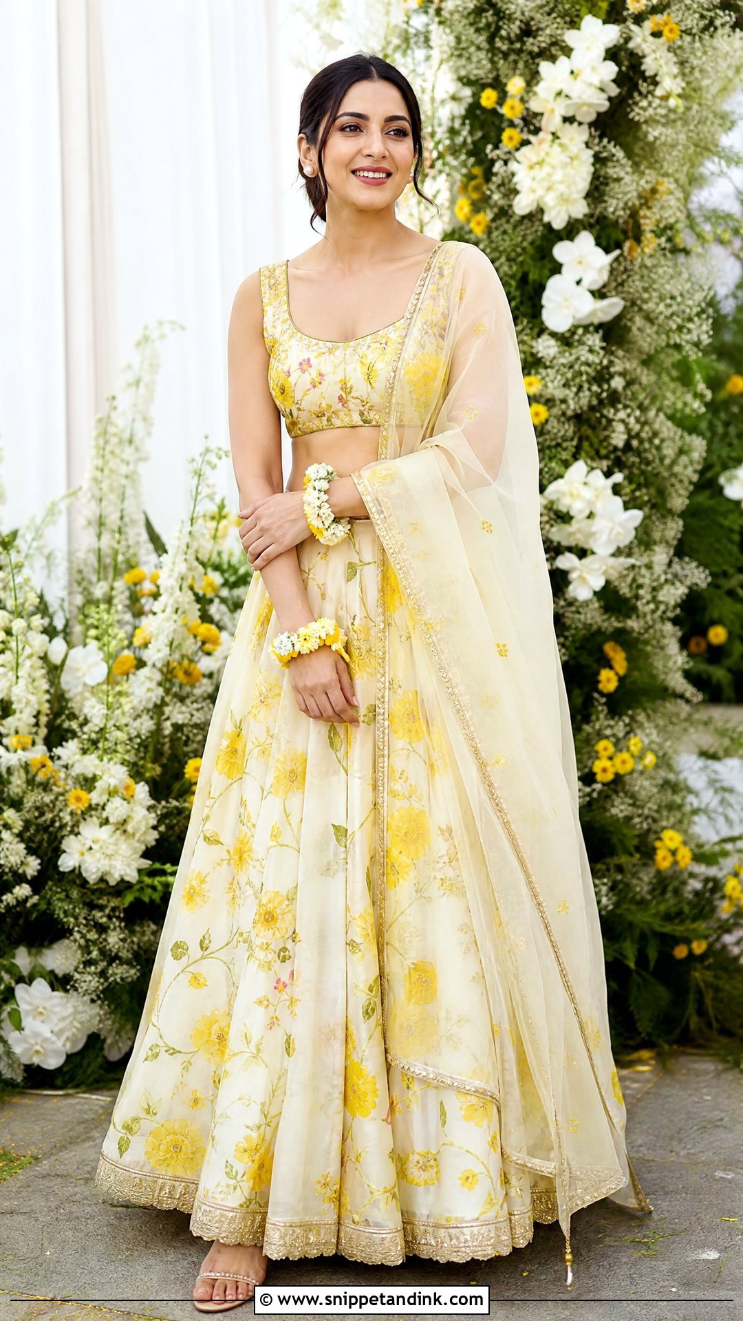 Floral Print Pithi Lehenga For Bride - Snippet and Ink - 25 Pithi Outfit Brides Ideas