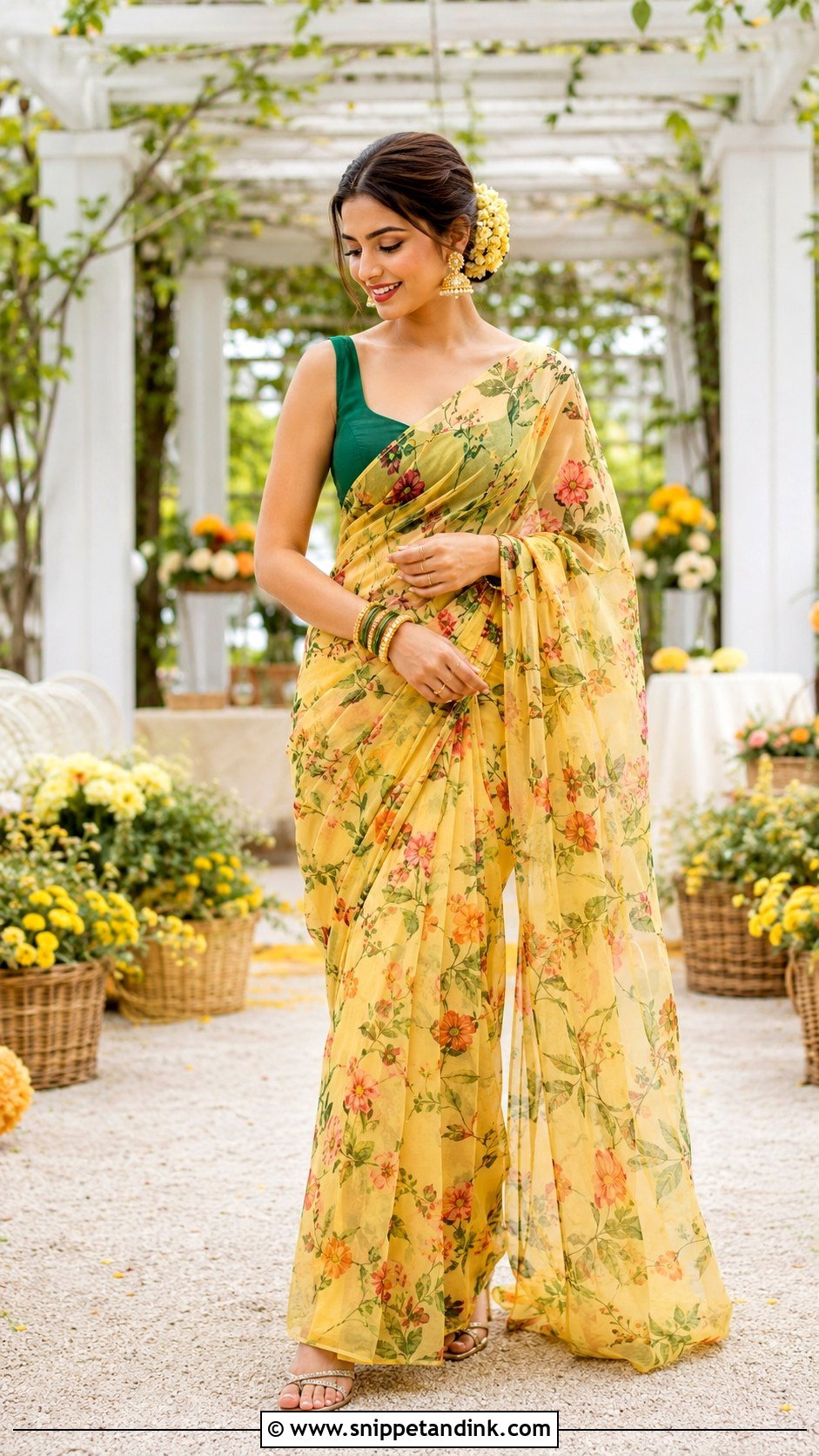 Floral Print Saree for Haldi - Snippet and Ink - 20 Haldi Function Dress for Sister Ideas