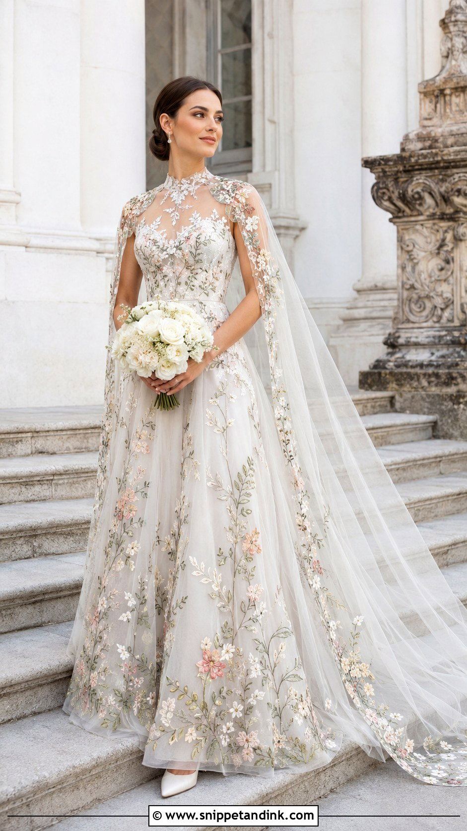 Floral Print Wedding Dress With Cape - Snippet and Ink - 20 Floral Print Wedding Dress Ideas