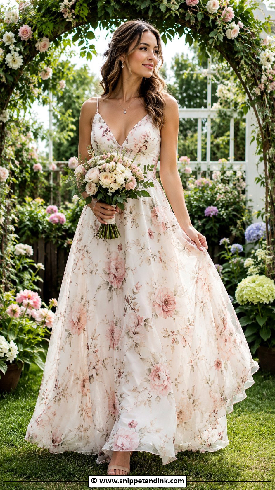 Floral Print Wedding Dress With Neutral Sandals - Snippet and Ink - 30 Backyard Wedding Dress Ideas