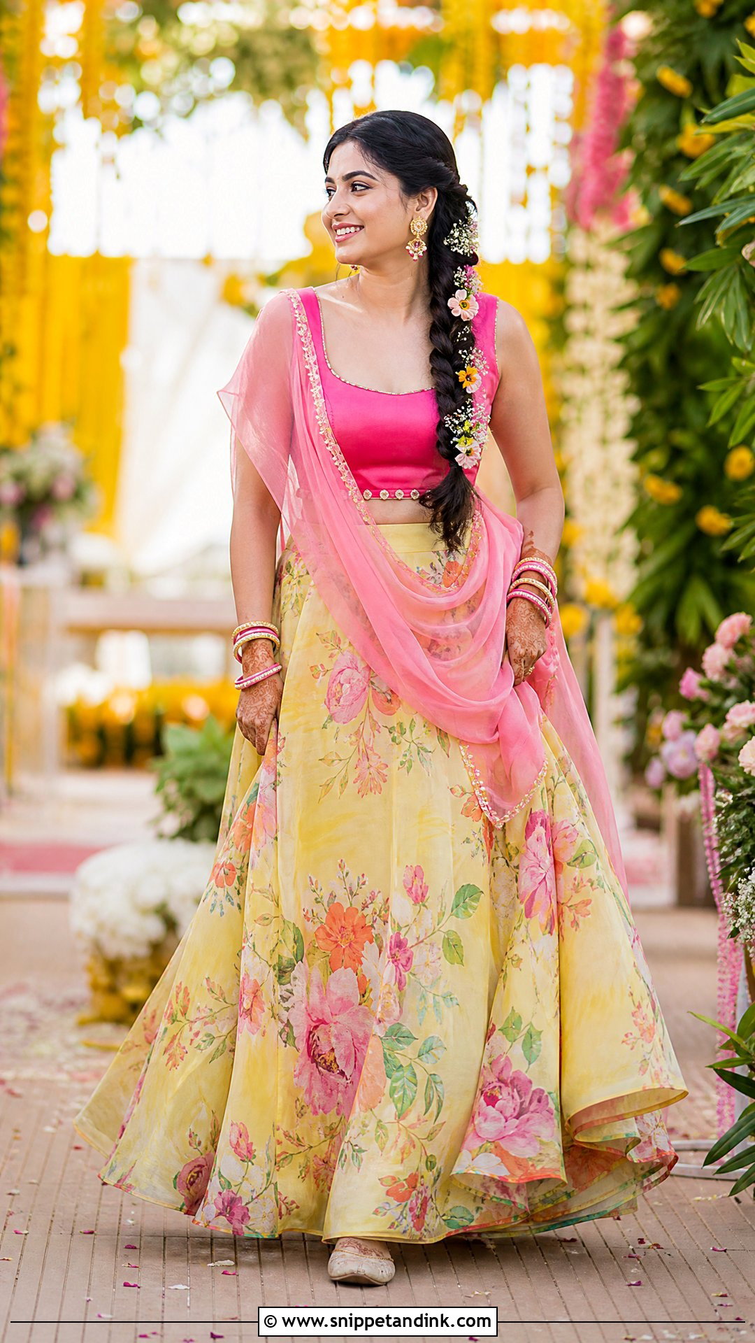 Floral Printed Haldi Lehenga - Snippet and Ink - 20 Haldi Clothes for Bride Ideas