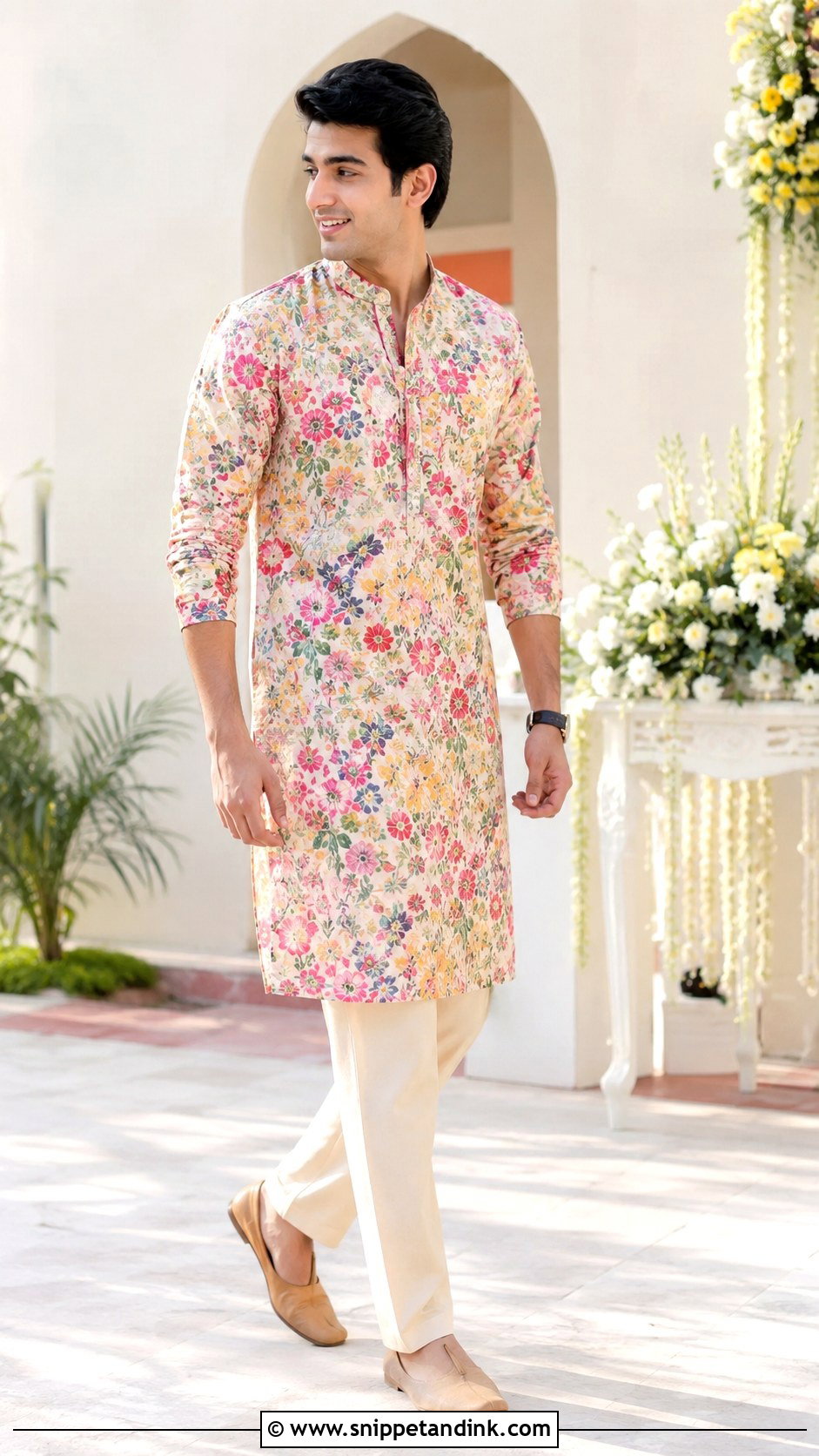 Floral Printed Kurta With Solid Pajama - Snippet and Ink - 20 Kurta for Boys Wedding Ideas