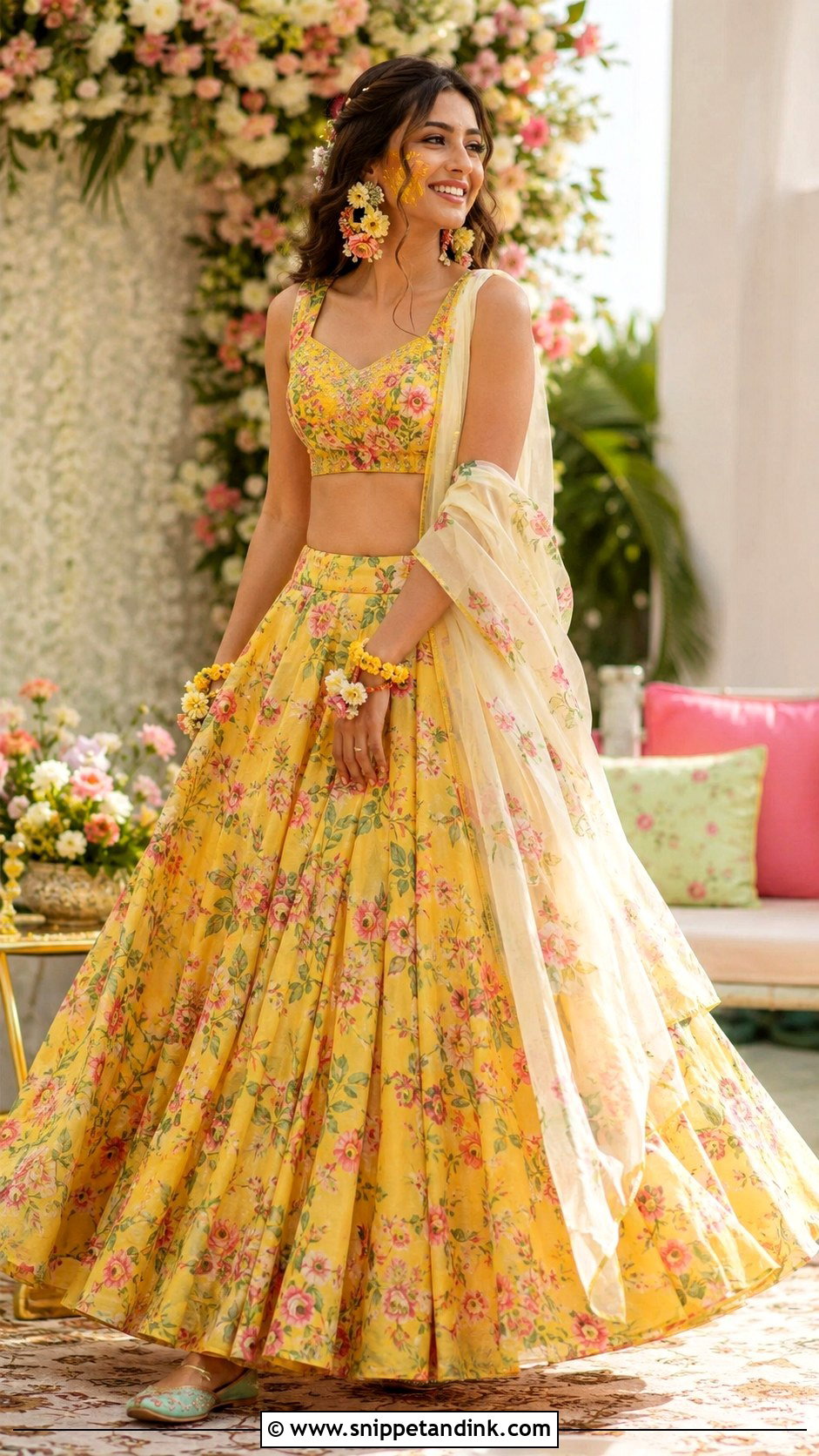 Floral Printed Lehenga Haldi Dress for Bride - Snippet and Ink - 25 Indian Haldi Dress for Bride Ideas