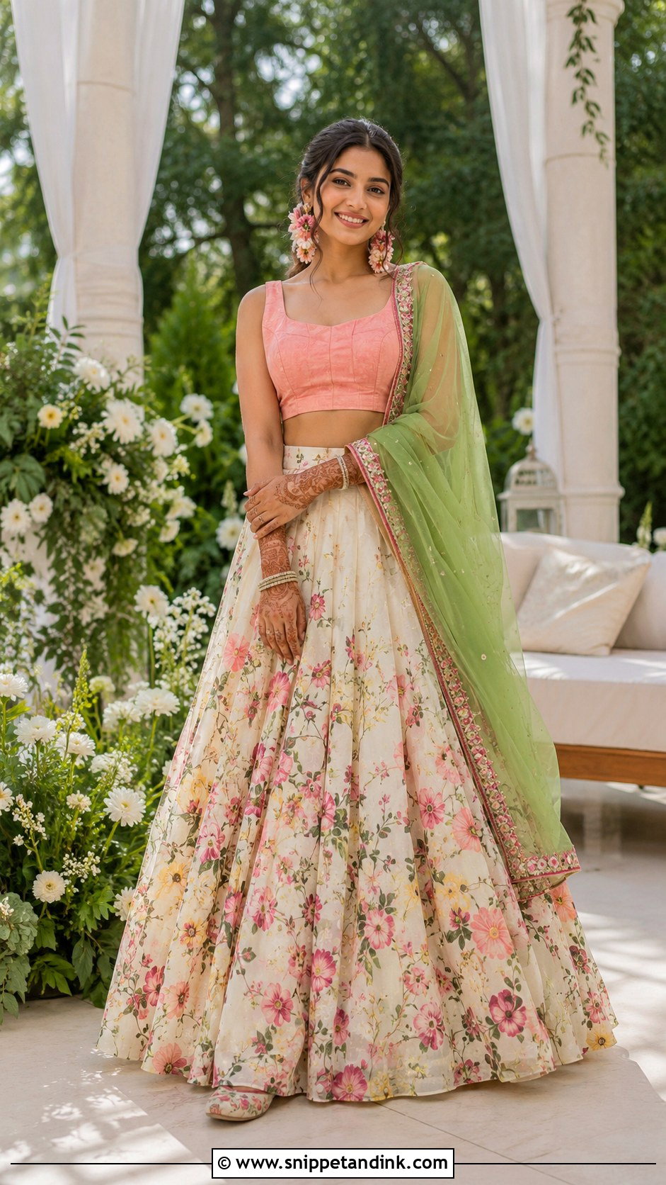 Floral Printed Lehenga Mehendi Outfit - Snippet and Ink - 20 Indian Wedding Mehendi Outfits