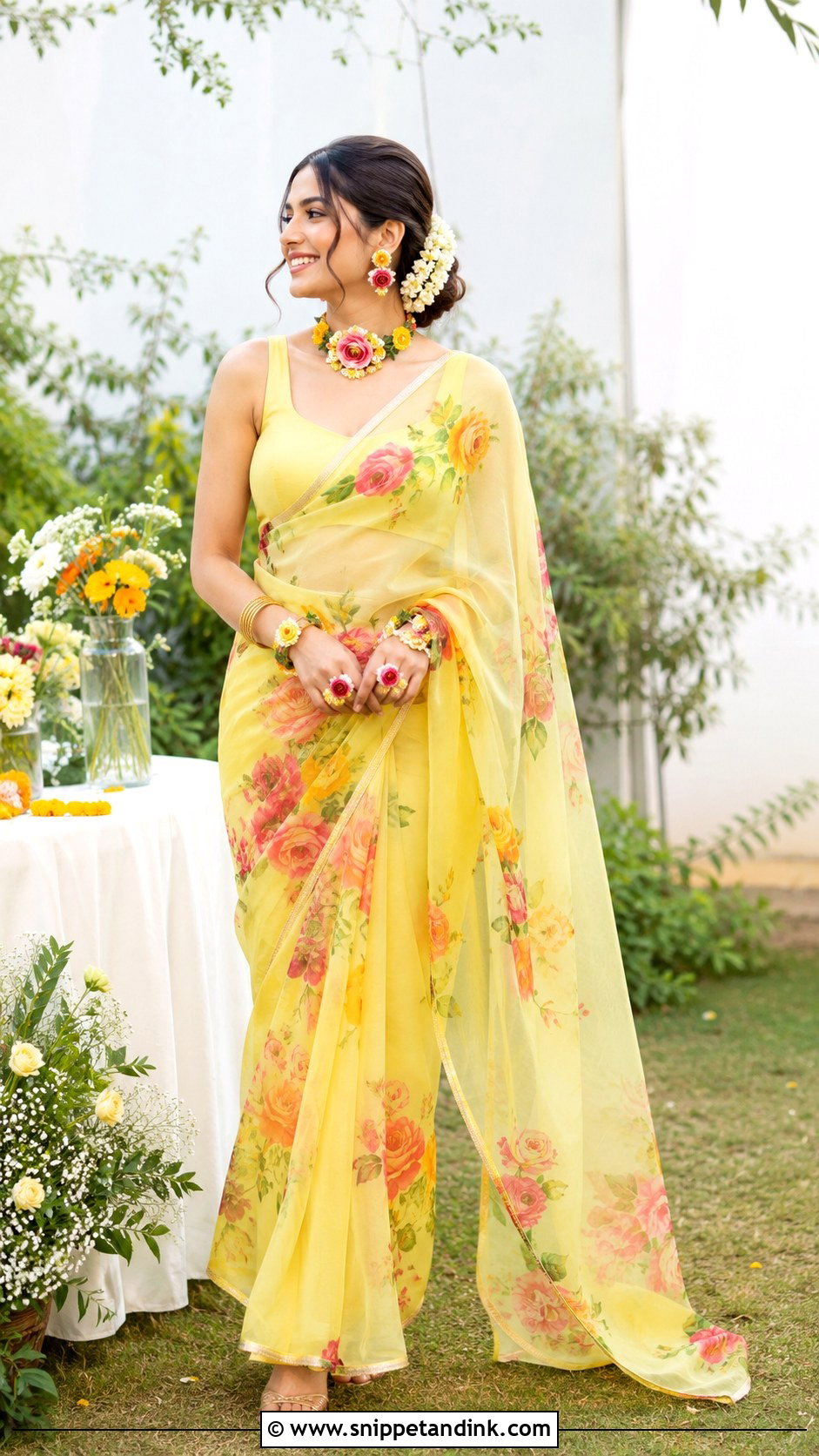 Floral Printed Saree For Haldi Bride - Snippet and Ink - 25 Outfit for Haldi Function for Bride Ideas