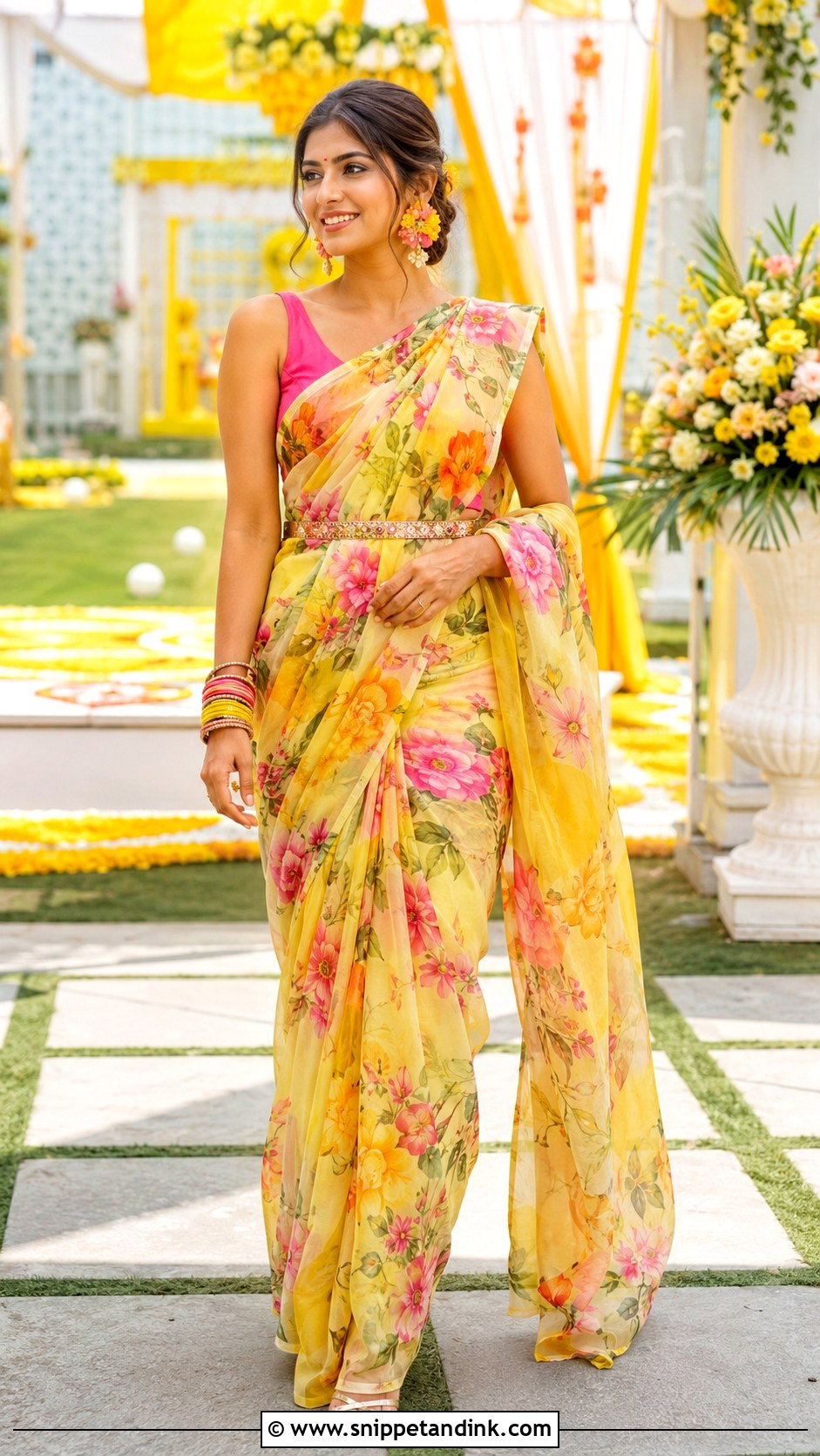 Floral Printed Saree Haldi Dress - Snippet and Ink - 20 Indian Haldi Ceremony Dresses