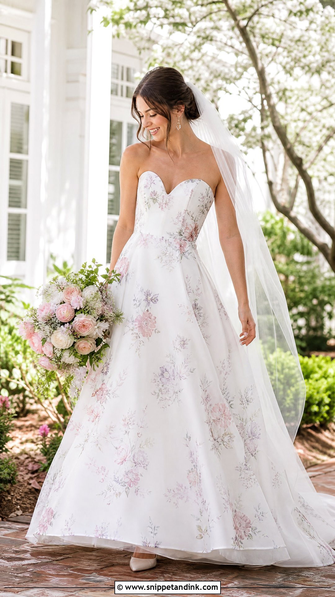 Floral Printed Wedding Dress With Garden Bouquet - Snippet and Ink - 25 Floral Wedding Dress Ideas