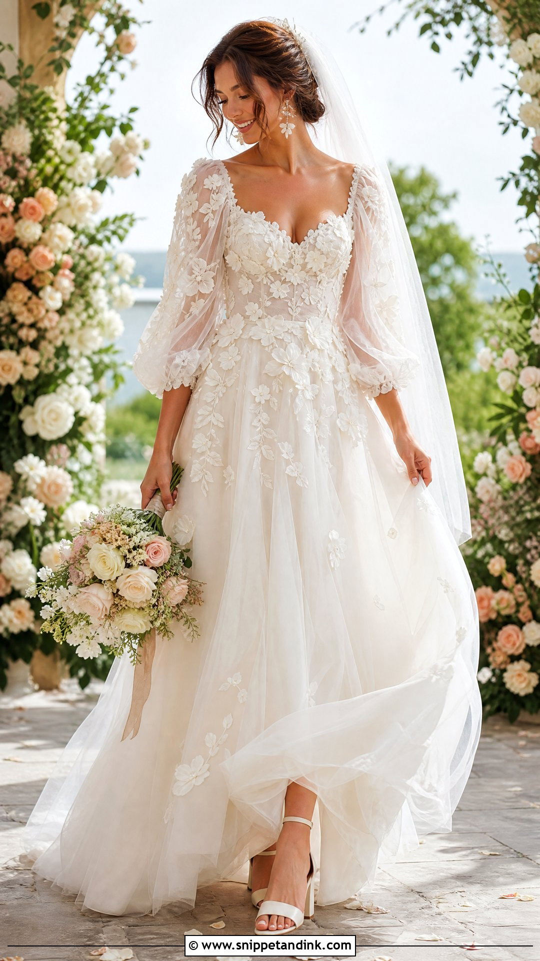 Floral Puffed Sleeve Wedding Dress - Snippet and Ink - 20 Puffed Sleeve Wedding Dress Ideas
