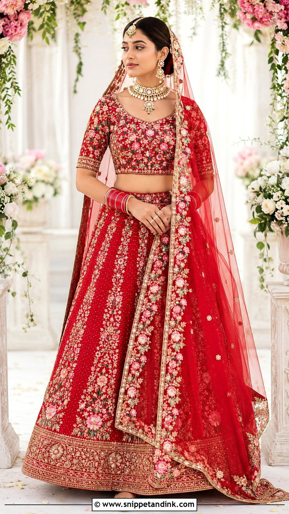 Floral Red Bridal Blouse With Lehenga - Snippet and Ink - 20 Red Bridal Blouse Ideas