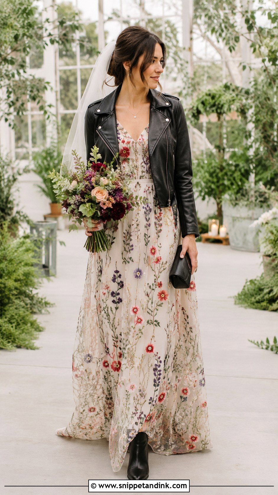 Floral Rock Wedding Dress With Black Jacket - Snippet and Ink - 20 Rock Wedding Dress Ideas