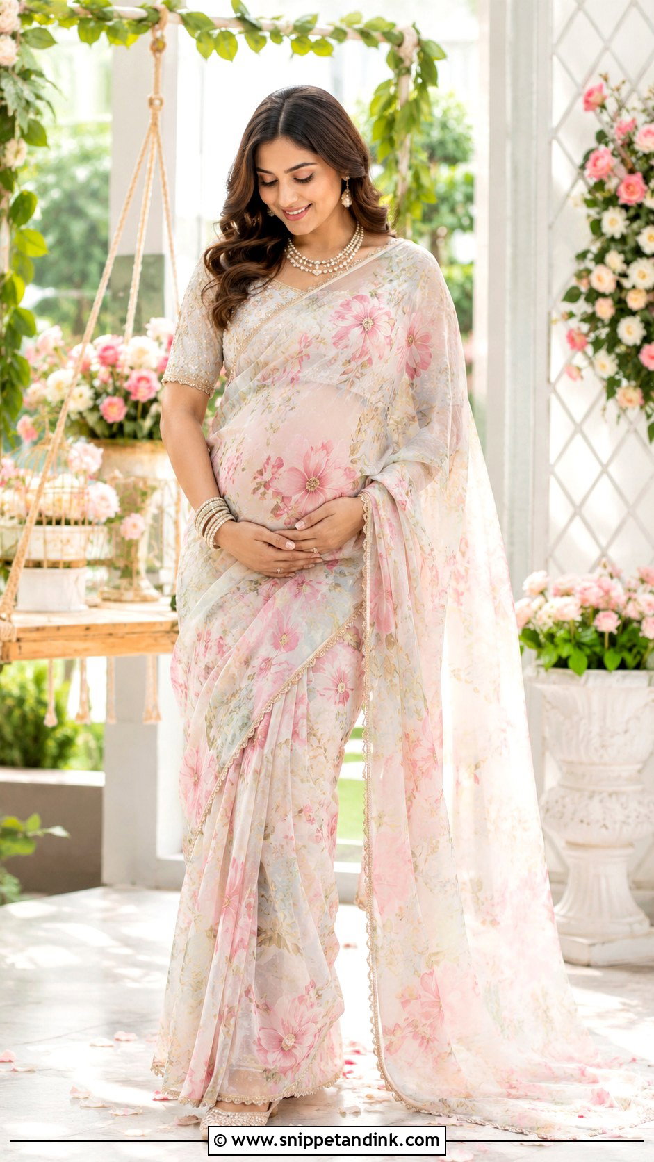Floral Saree Godh Bharai Outfit - Snippet and Ink - 25 Godh Bharai Outfit Ideas