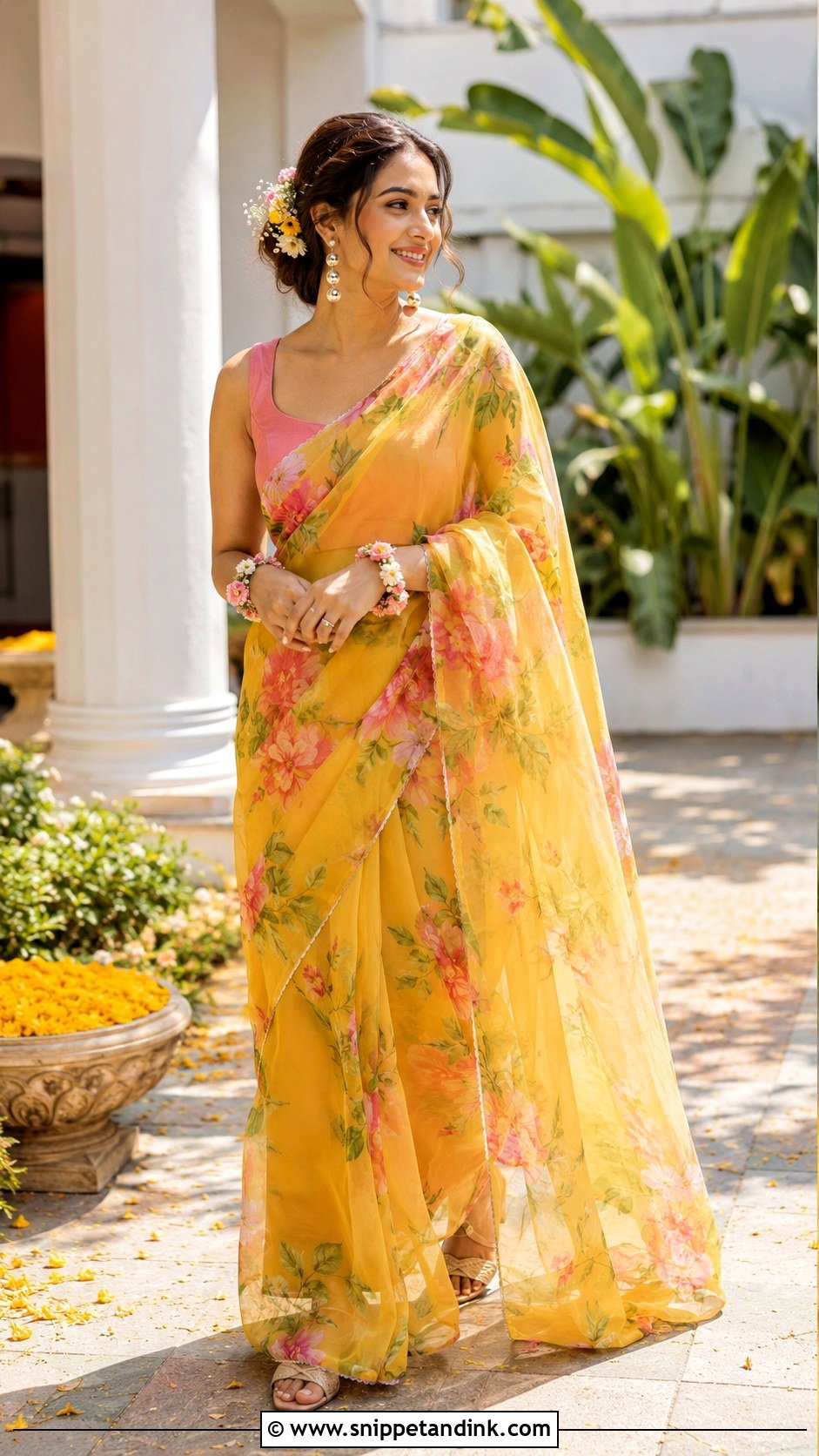 Floral Saree Haldi Dress - Snippet and Ink - 20 Haldi Wedding Dress Ideas