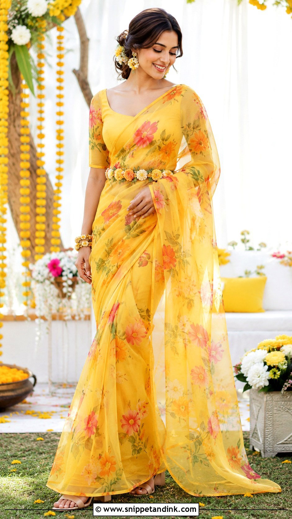 Floral Saree Haldi Outfit - Snippet and Ink - 20 Indian Prewedding Outfit Ideas