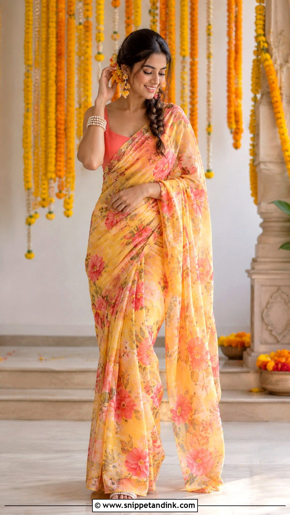 Floral Saree Haldi Outfit - Snippet and Ink - 25 Wedding Haldi Outfit Ideas