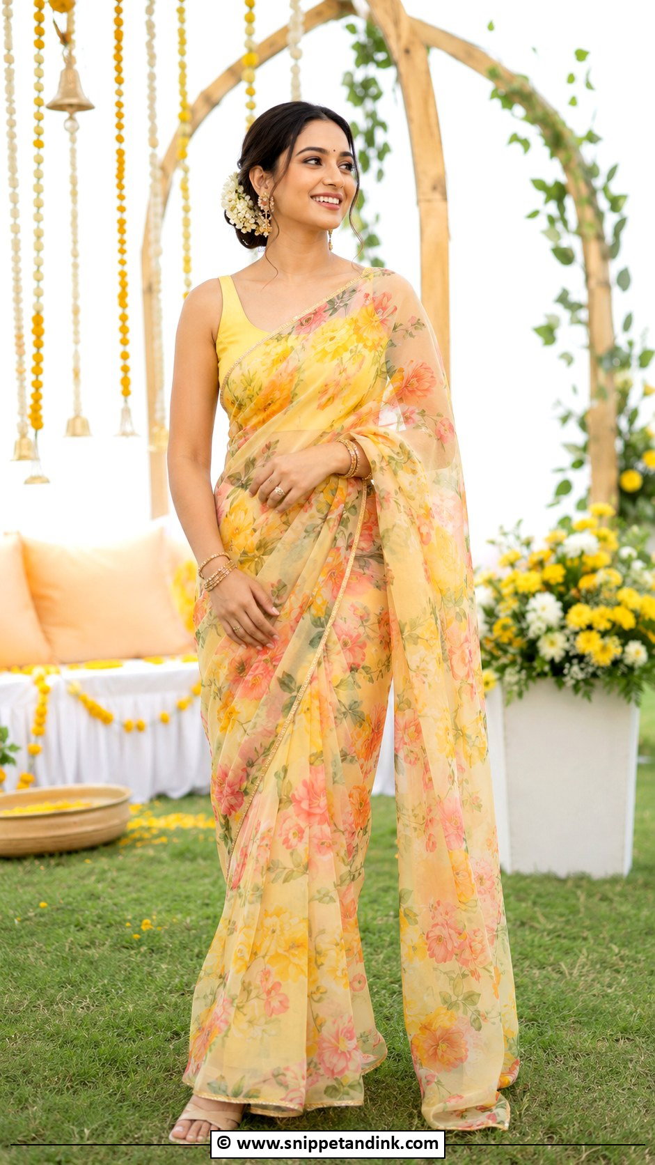 Floral Saree Haldi Outfit - Snippet and Ink - 30 Haldi Theme Ideas Outfit