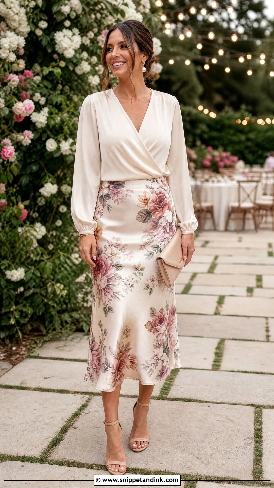 Floral Satin Skirt With Solid Blouse - Snippet and Ink - 25 Classy Satin Skirt Wedding Outfit Ideas