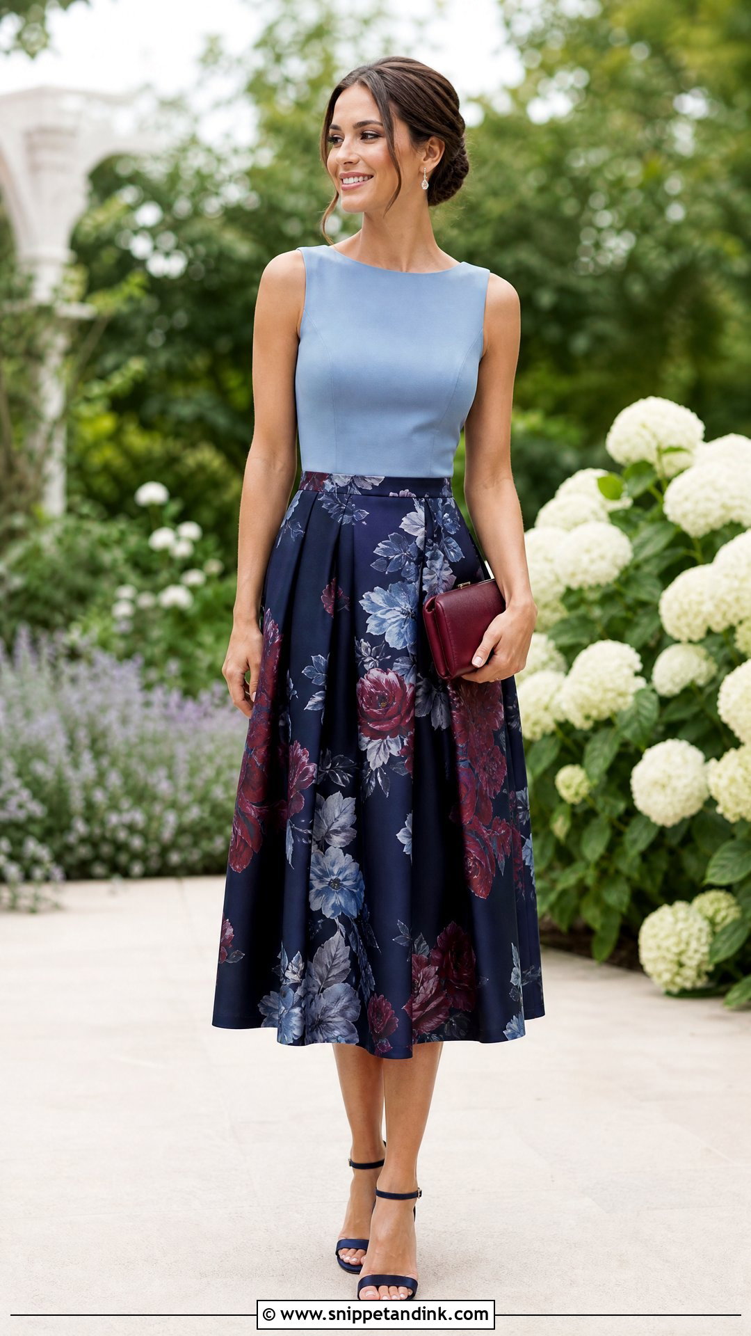 Floral Satin Skirt With Solid Fitted Top - Snippet and Ink - 20 Satin Skirt Outfit for Wedding Ideas