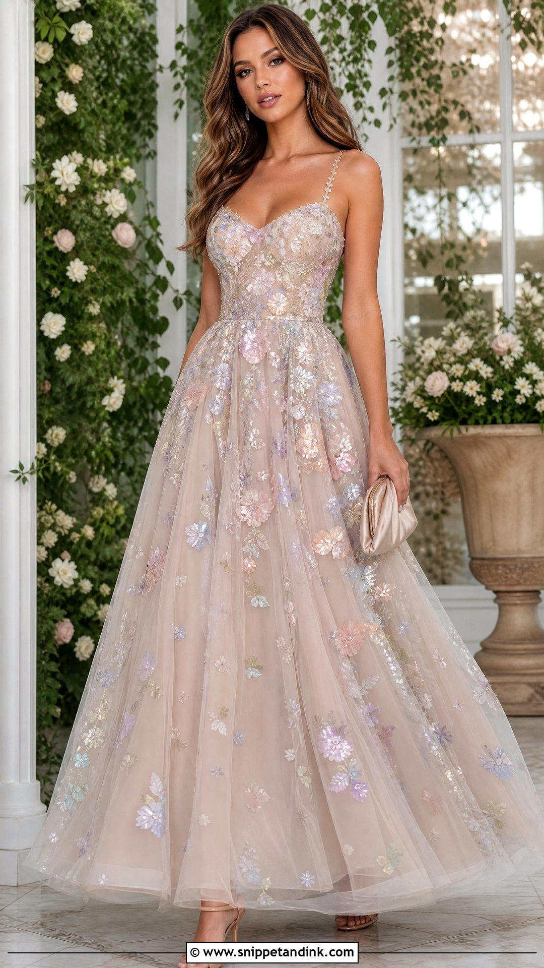 Floral Sequin Ball Gown With Simple Heels - Snippet and Ink - 20 Sequin Ball Gown Ideas
