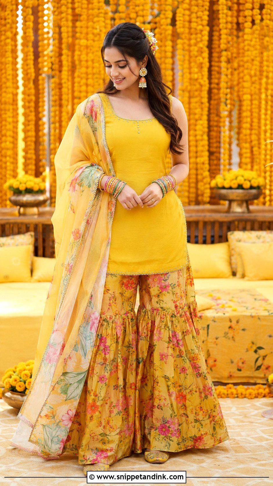 Floral Sharara Haldi Outfit - Snippet and Ink - 20 Floral Haldi Outfit Ideas