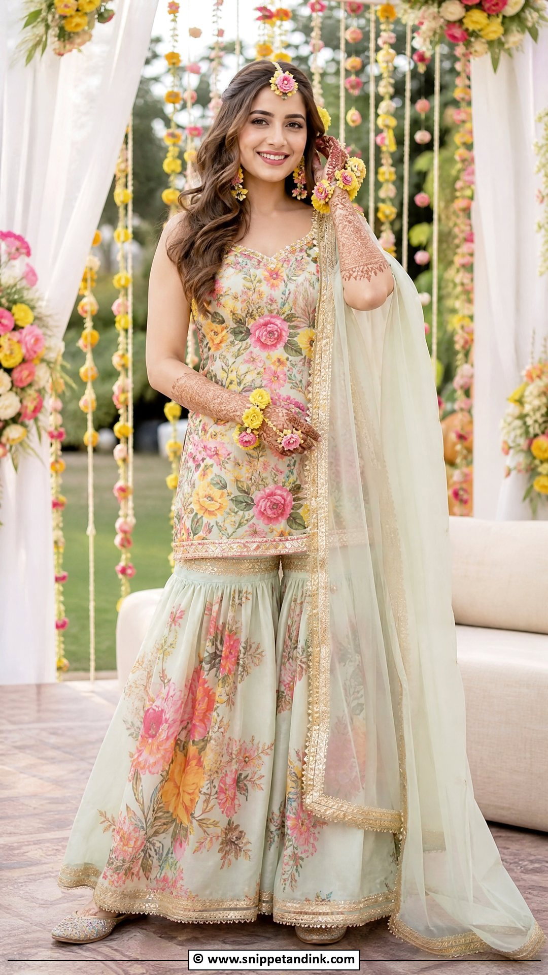 Floral Sharara Mehndi Dress For Bride - Snippet and Ink - 35 Mehndi Dress for Bride Ideas